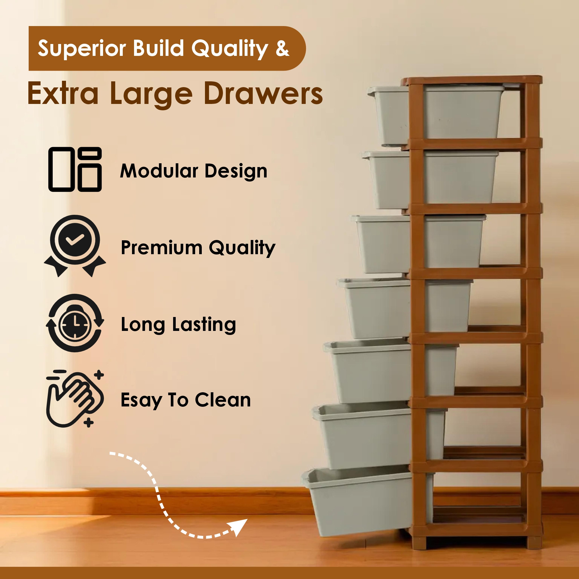 Kuber Industries 7-Layer  57 Ltr Plastic Drawer Storage Organiser  Modular Kitchen  Toy Organizer For Kids Room  Light Grey  Brown
