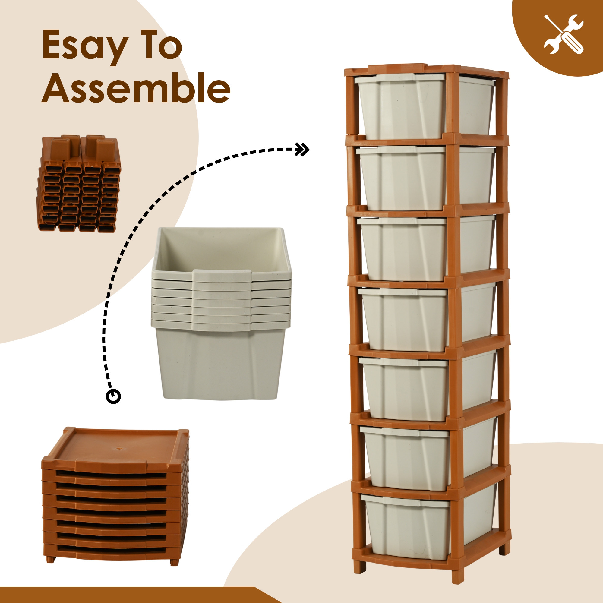 Kuber Industries 7-Layer  57 Ltr Plastic Drawer Storage Organiser  Modular Kitchen  Toy Organizer For Kids Room  Light Grey  Brown