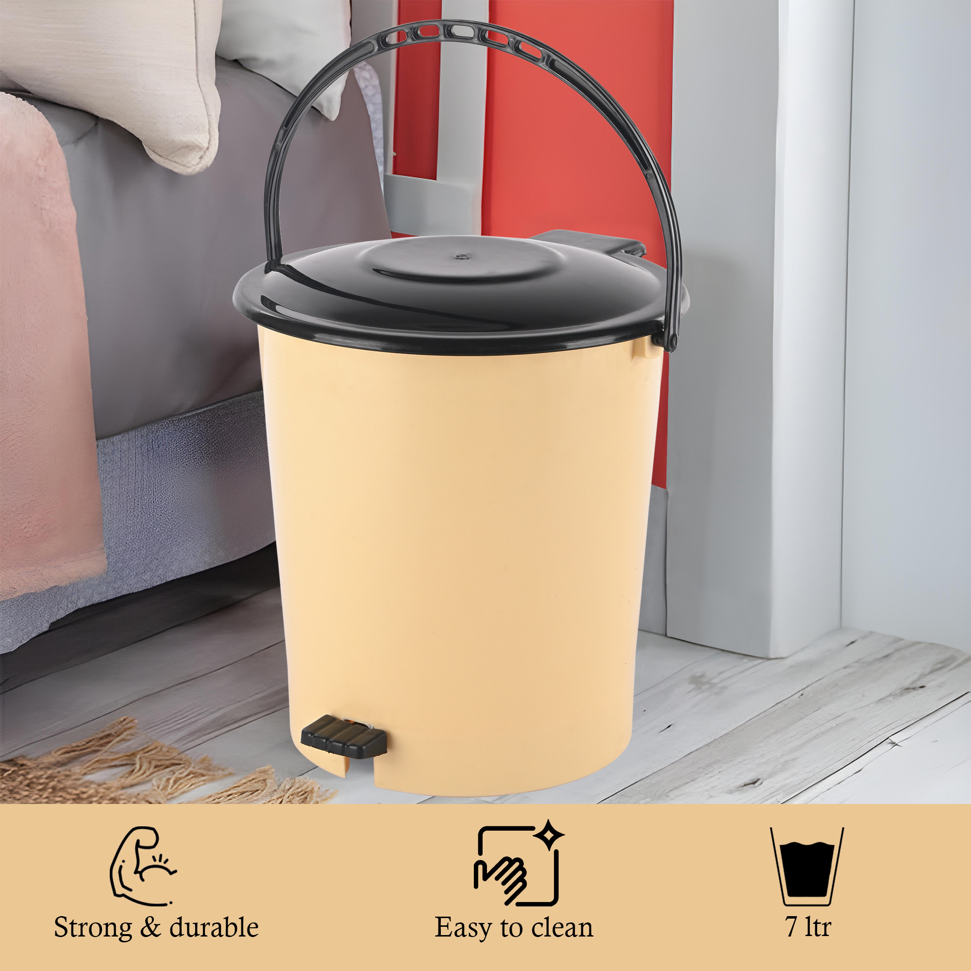 Kuber Industries 7 Ltr Plastic Dustbin for Home with Pedal Lid  Handle  Dustbin for Kitchen Bathroom  Office  Garbage Bin for Wet or Dry Waste  Ultra- Cream  Black
