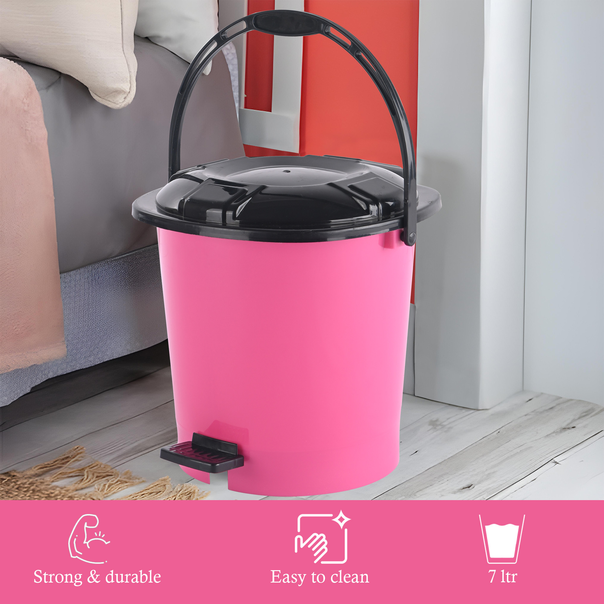 Kuber Industries 7 Ltr Plastic Dustbin for Home with Pedal Lid  Handle  Dustbin for Kitchen Bathroom  Office  Garbage Bin for Wet or Dry Waste  Ultra- Pink  Black