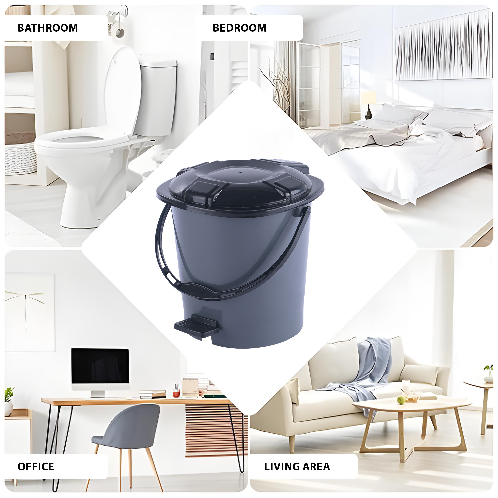 Kuber Industries 7 Ltr Plastic Dustbin for Home with Pedal Lid  Handle  Dustbin for Kitchen Bathroom  Office  Garbage Bin for Wet or Dry Waste  Check Dhakkan- Grey  Black