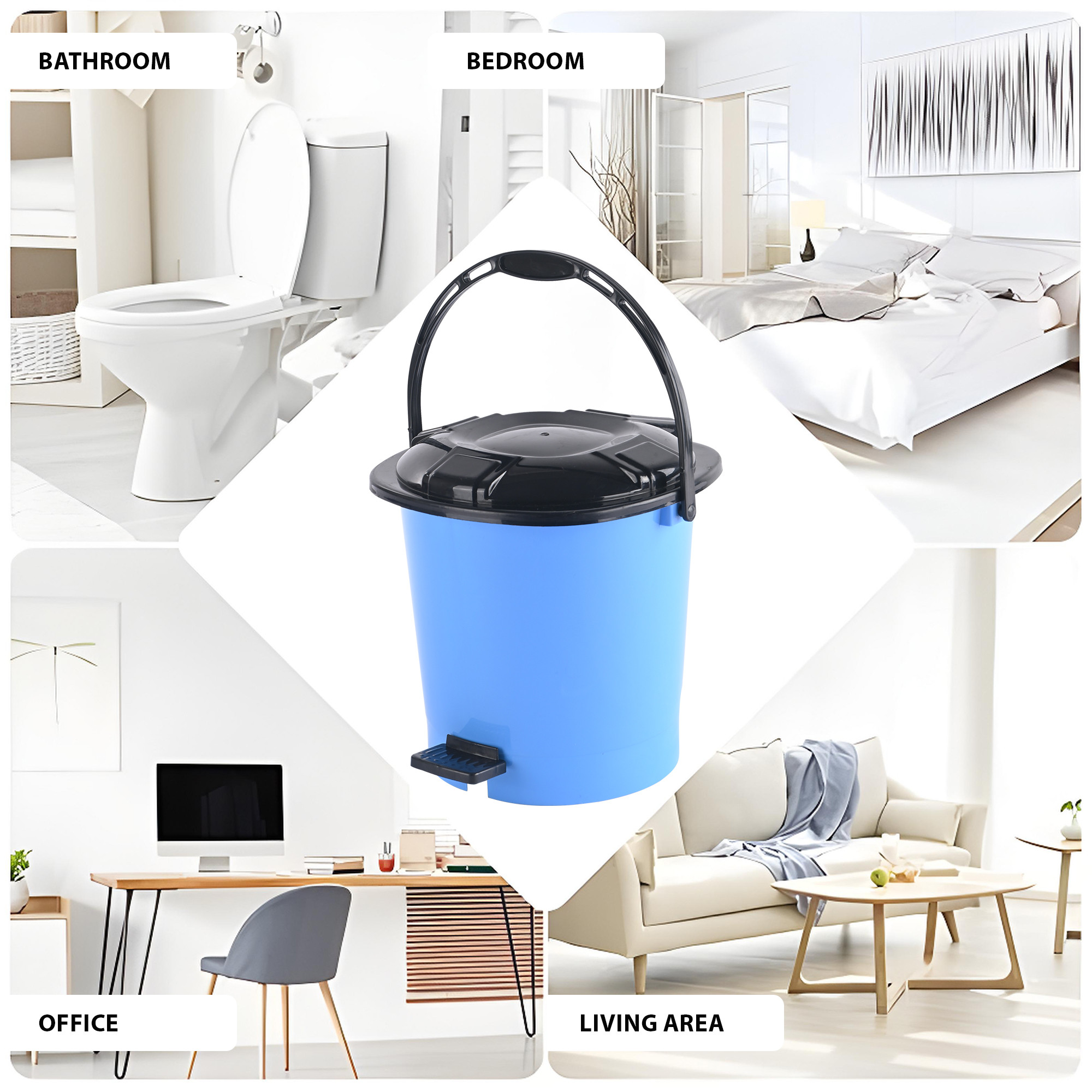 Kuber Industries 7 Ltr Plastic Dustbin for Home with Pedal Lid  Handle  Dustbin for Kitchen Bathroom  Office  Garbage Bin for Wet or Dry Waste  Check Dhakkan- Blue  Black