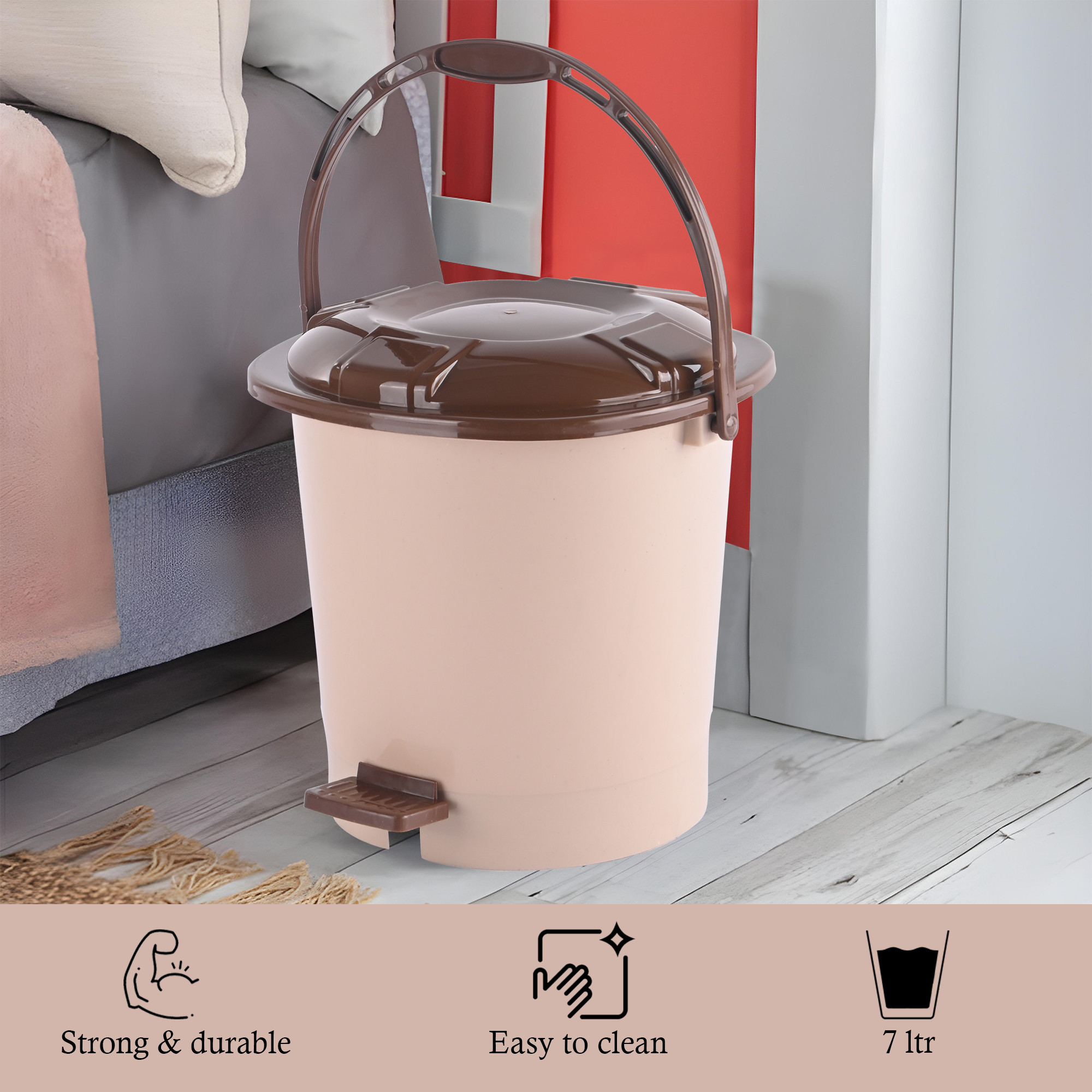 Kuber Industries 7 Ltr Plastic Dustbin for Home with Pedal Lid  Handle  Dustbin for Kitchen Bathroom  Office  Garbage Bin for Wet or Dry Waste  Check Dhakkan- Cream  Brown