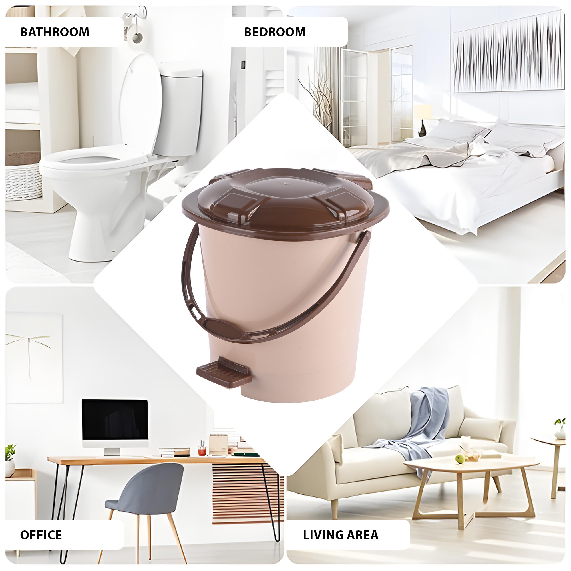 Kuber Industries 7 Ltr Plastic Dustbin for Home with Pedal Lid  Handle  Dustbin for Kitchen Bathroom  Office  Garbage Bin for Wet or Dry Waste  Check Dhakkan- Cream  Brown