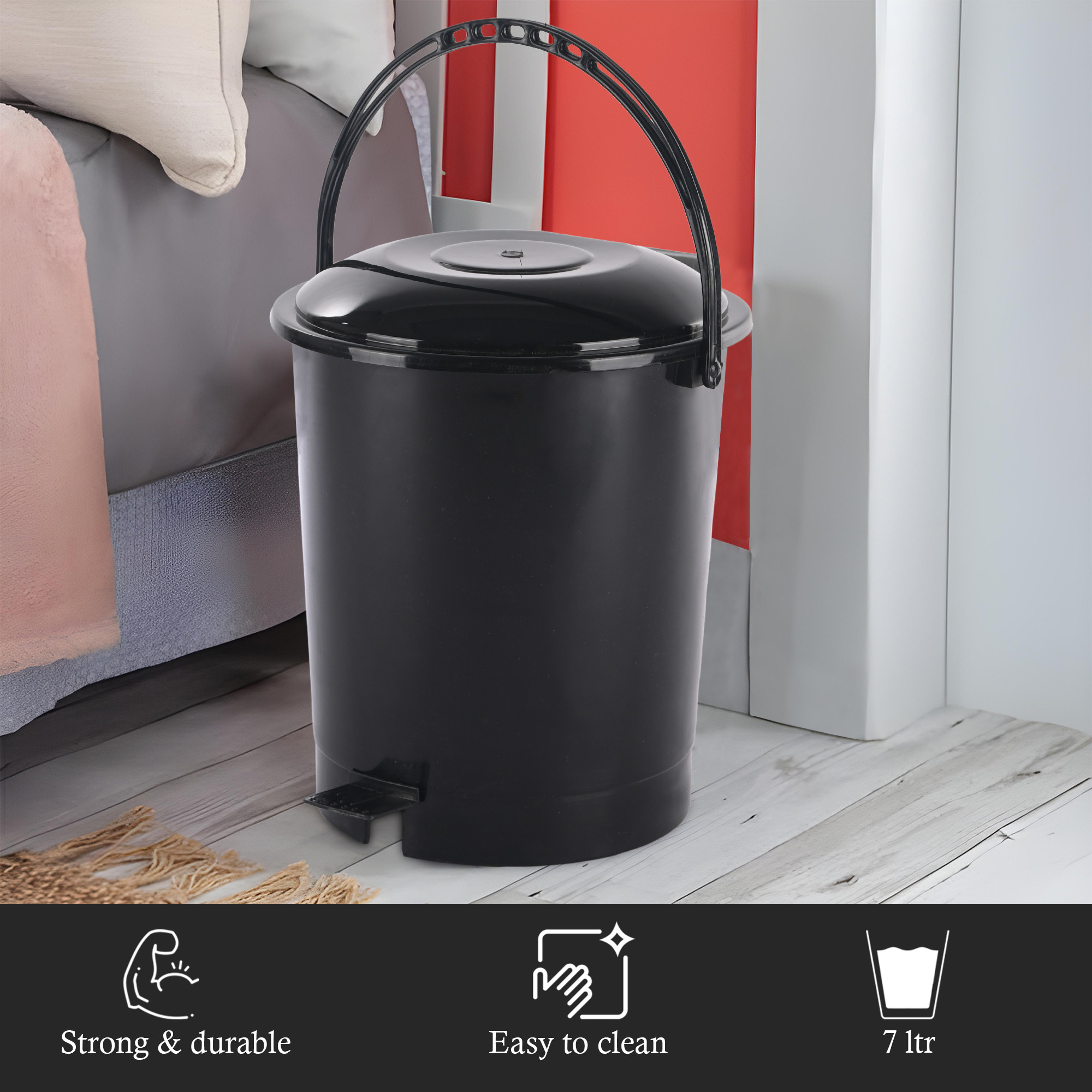 Kuber Industries 7 Ltr Plastic Dustbin for Home with Pedal Lid  Handle  Dustbin for Kitchen Bathroom  Office  Garbage Bin for Wet or Dry Waste  Check Dhakkan- Black