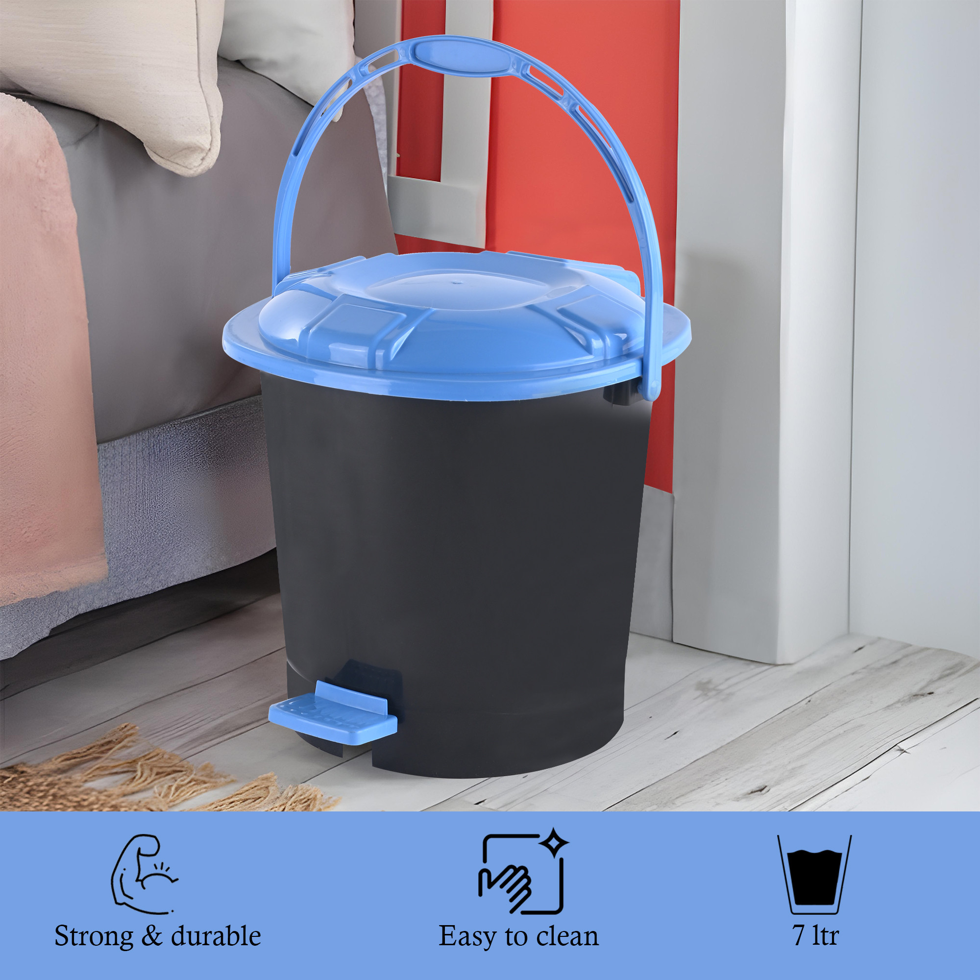 Kuber Industries 7 Ltr Plastic Dustbin for Home with Pedal Lid  Handle  Dustbin for Kitchen Bathroom  Office  Garbage Bin for Wet or Dry Waste  Check Dhakkan- Grey  Blue