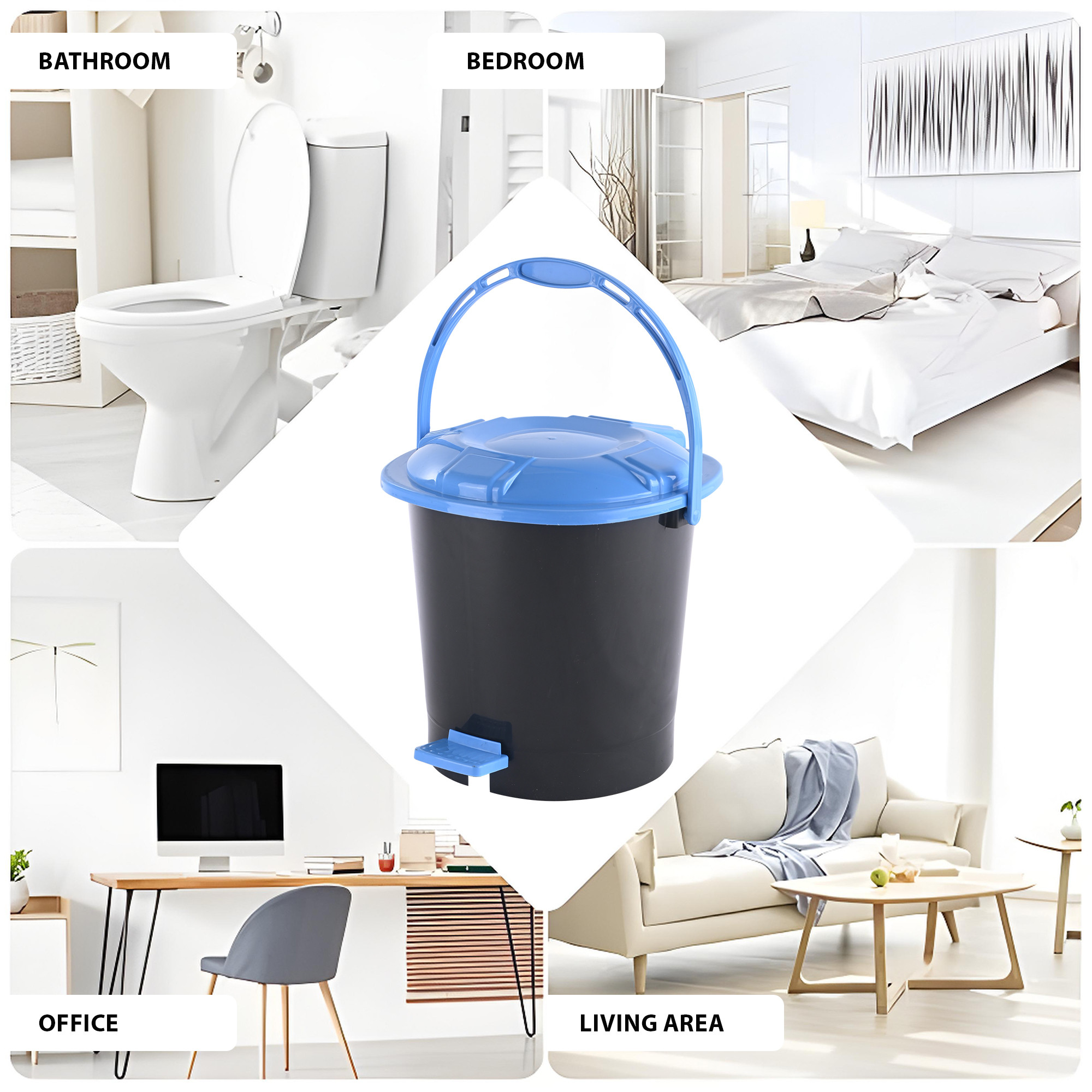 Kuber Industries 7 Ltr Plastic Dustbin for Home with Pedal Lid  Handle  Dustbin for Kitchen Bathroom  Office  Garbage Bin for Wet or Dry Waste  Check Dhakkan- Grey  Blue