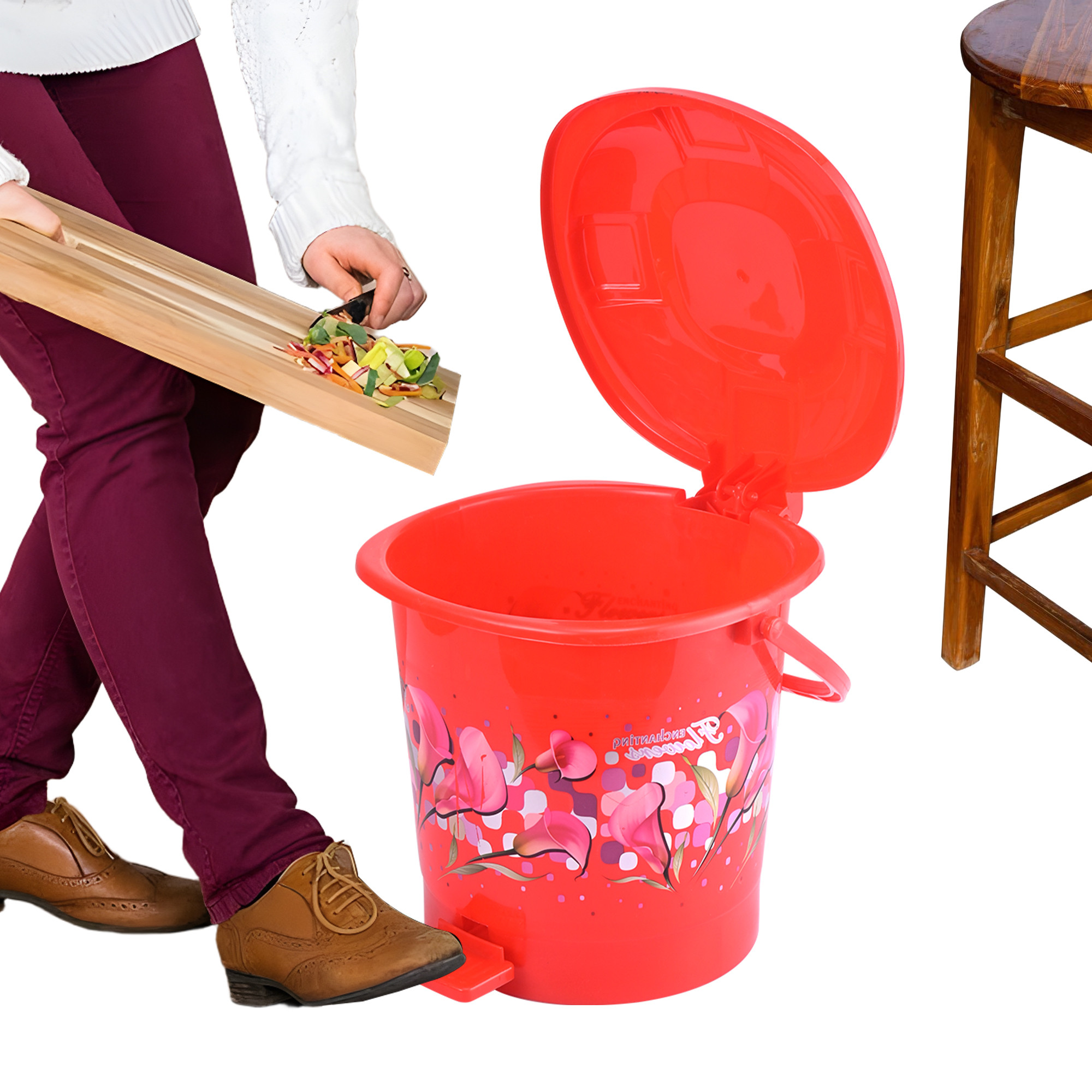 Kuber Industries 7 Ltr Plastic Pedal Dustbin With Handle  Lightweight  Multi uses Garbage Waste Bin For Home Kitchen Bathroom  Office  Flower Print - Red