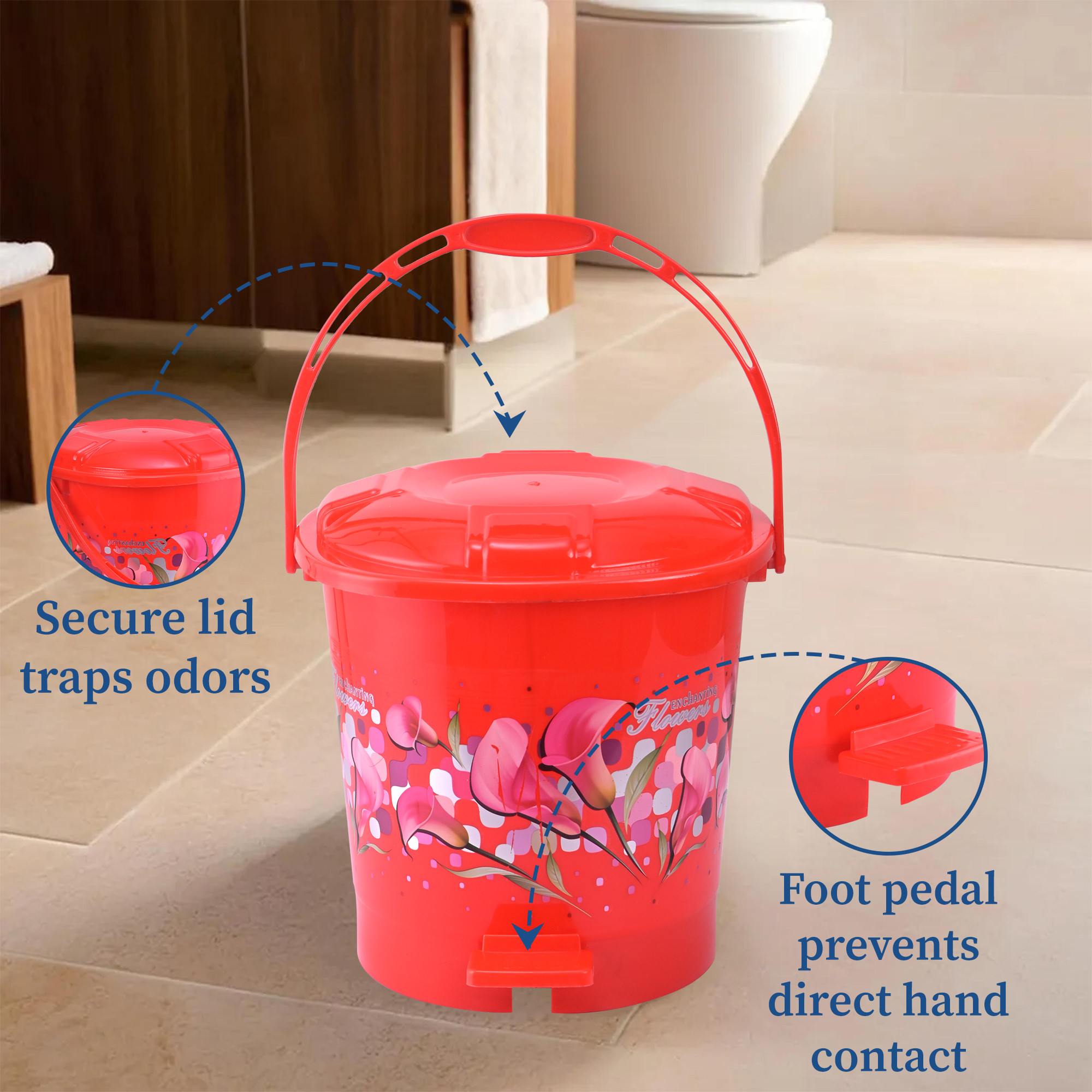 Kuber Industries 7 Ltr Plastic Pedal Dustbin With Handle  Lightweight  Multi uses Garbage Waste Bin For Home Kitchen Bathroom  Office  Flower Print - Red