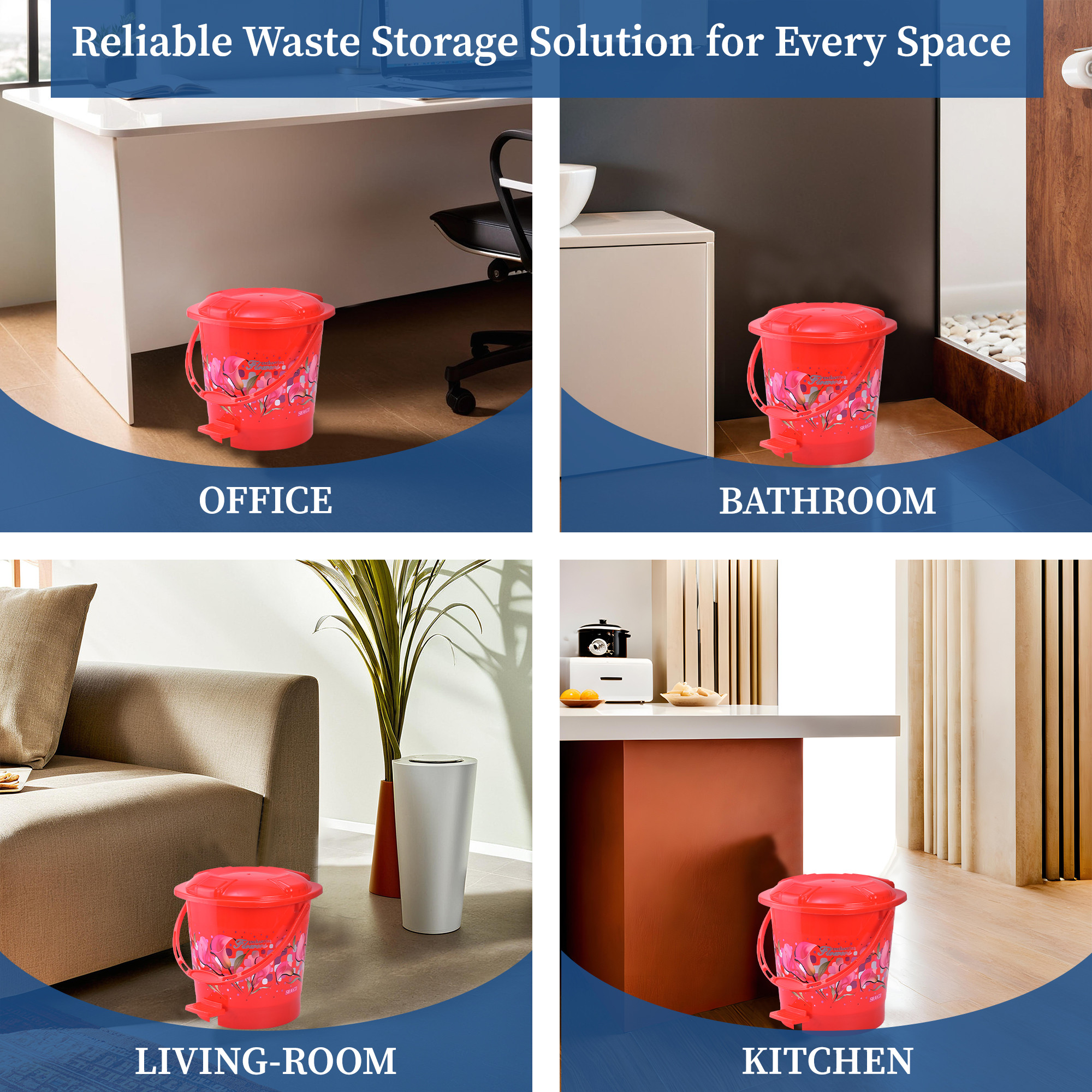 Kuber Industries 7 Ltr Plastic Pedal Dustbin With Handle  Lightweight  Multi uses Garbage Waste Bin For Home Kitchen Bathroom  Office  Flower Print - Red