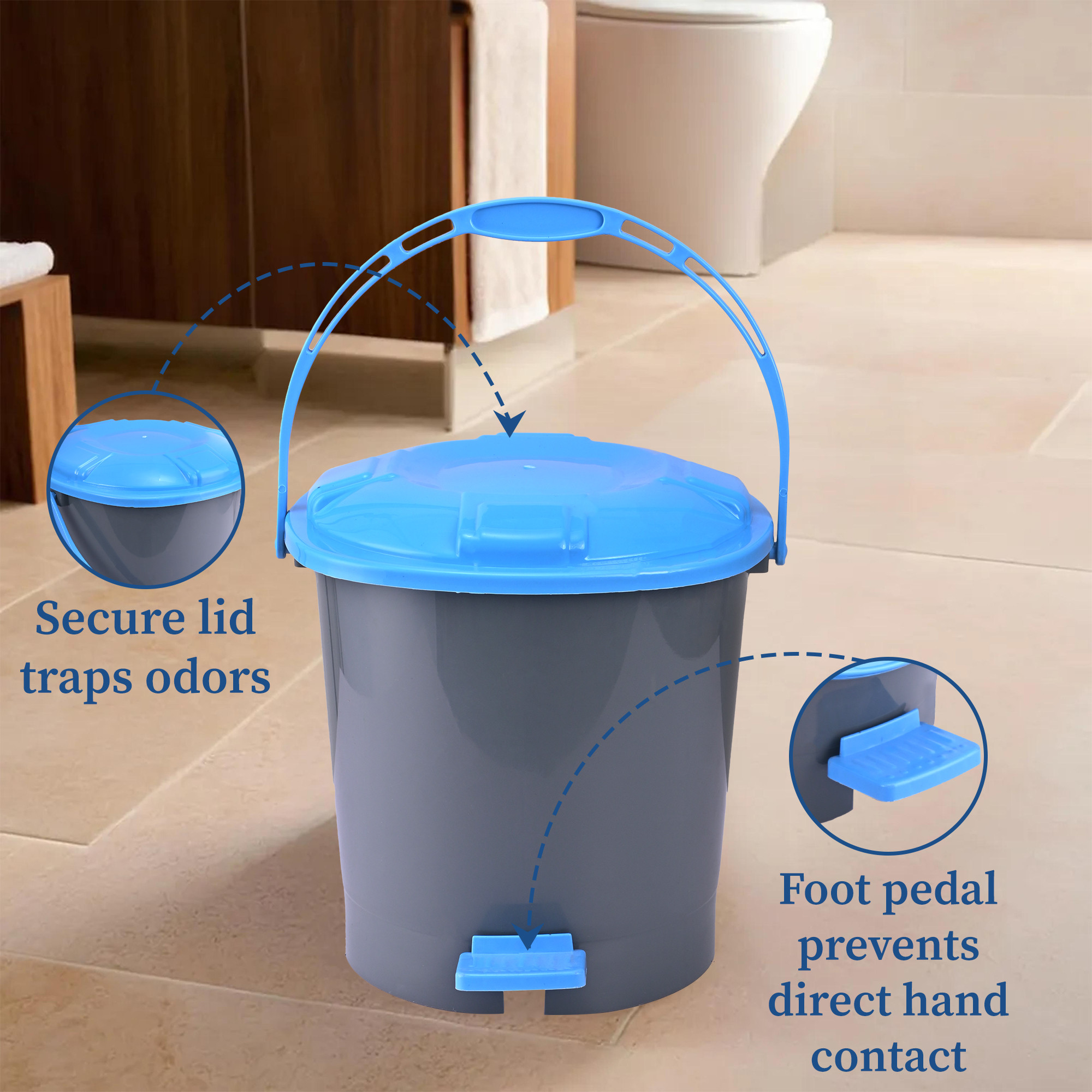 Kuber Industries 7 Ltr Plastic Pedal Dustbin With Handle  Lightweight  Multiuses Garbage Waste Bin For Home Kitchen Bathroom  Office  Check Dhakkan- Blue