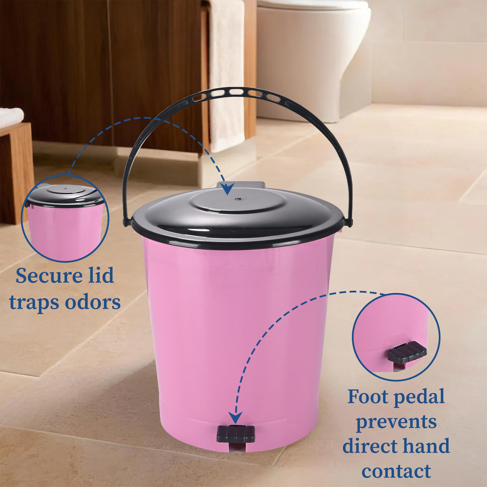 Kuber Industries 7 Ltr Plastic Pedal Dustbin With Handle  Lightweight  Multiuses Garbage Waste Bin For Home Kitchen Bathroom  Office  Pink  Black