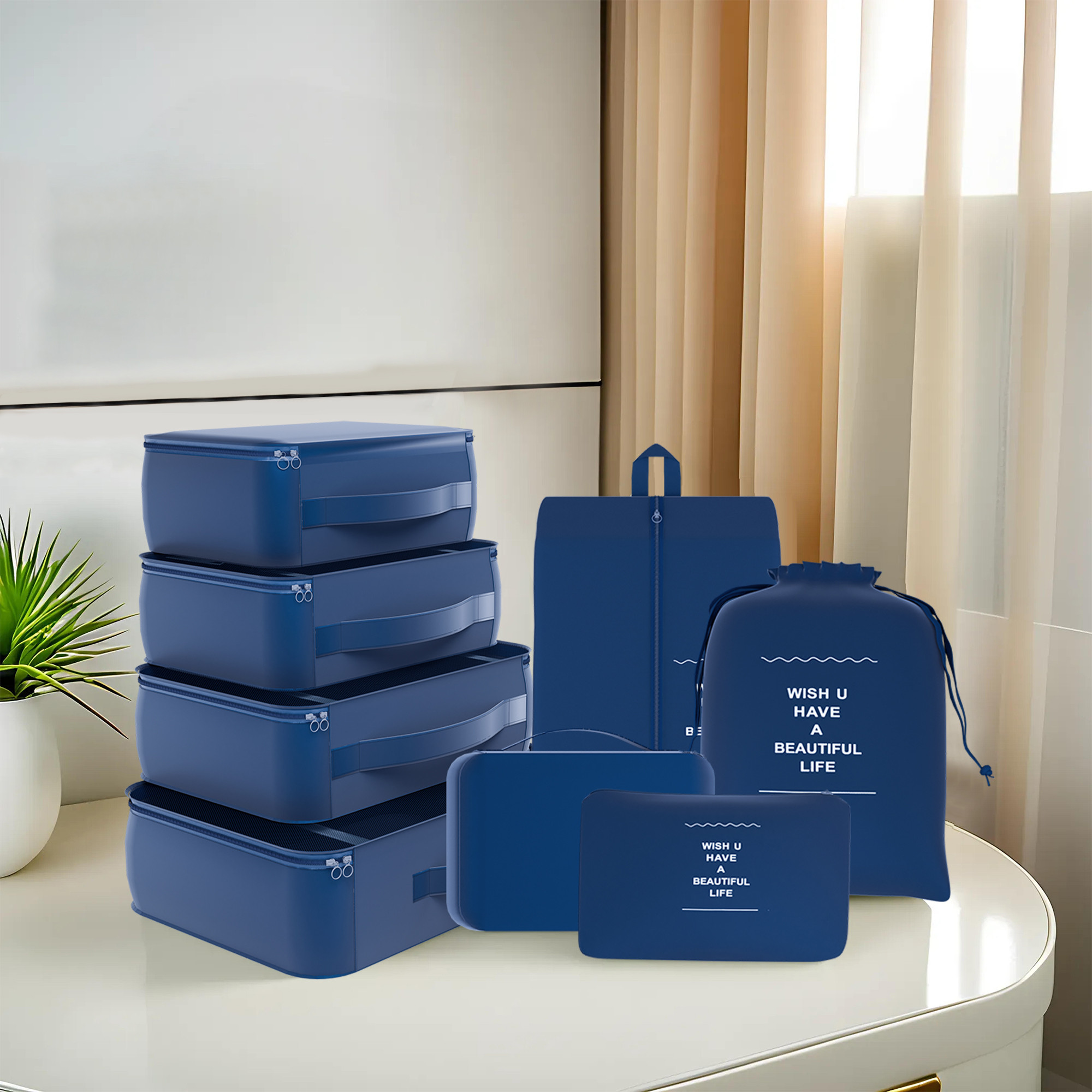 Kuber Industries 7 Pcs Foldable Travel Pouches for Women  Men with Zip  Multi-Size Luggage Organiser Bags for Travel  Packing Cube Ideal for Clothes Shoe  Toiletries  YJ-36-DBLU  Dark Blue