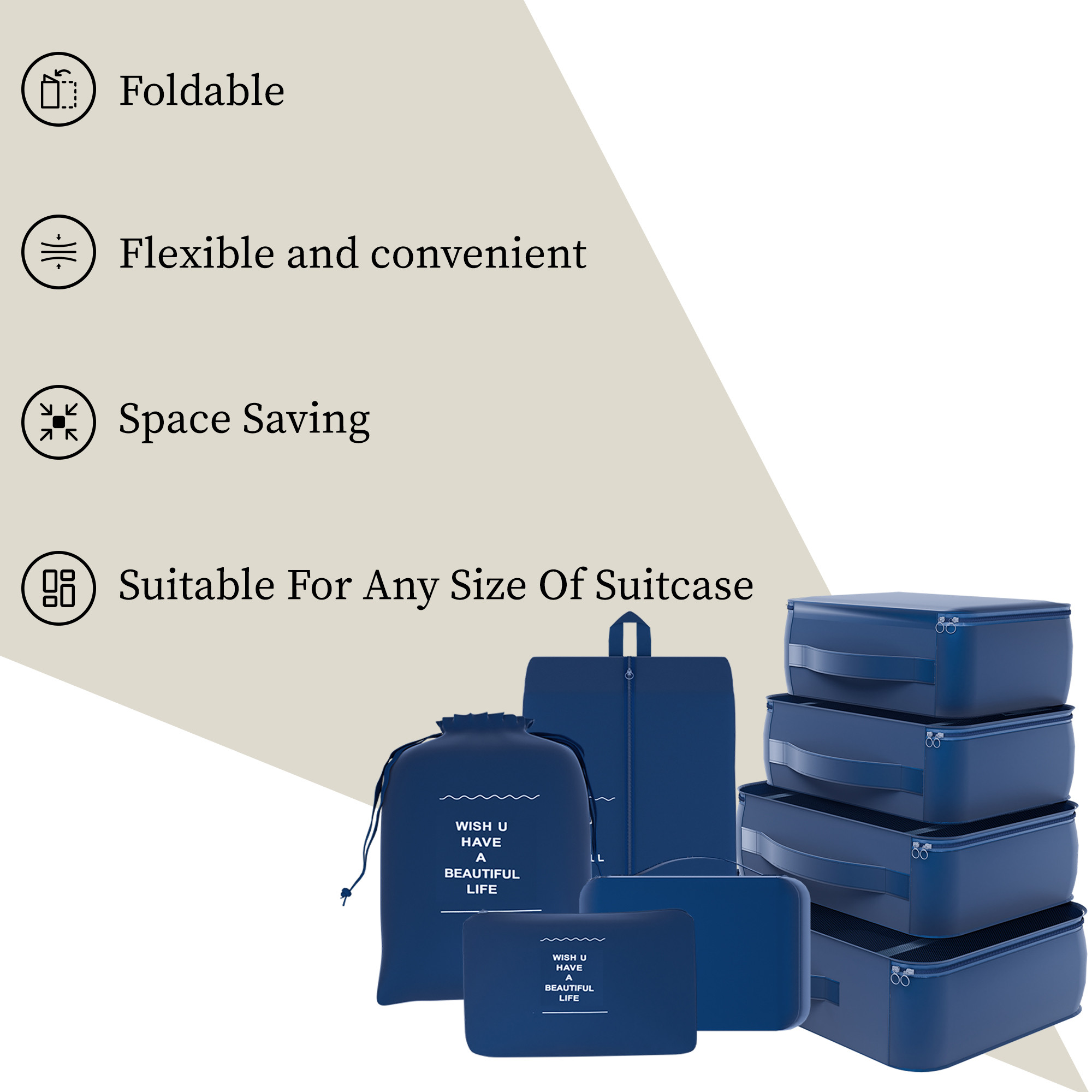 Kuber Industries 7 Pcs Foldable Travel Pouches for Women  Men with Zip  Multi-Size Luggage Organiser Bags for Travel  Packing Cube Ideal for Clothes Shoe  Toiletries  YJ-36-DBLU  Dark Blue