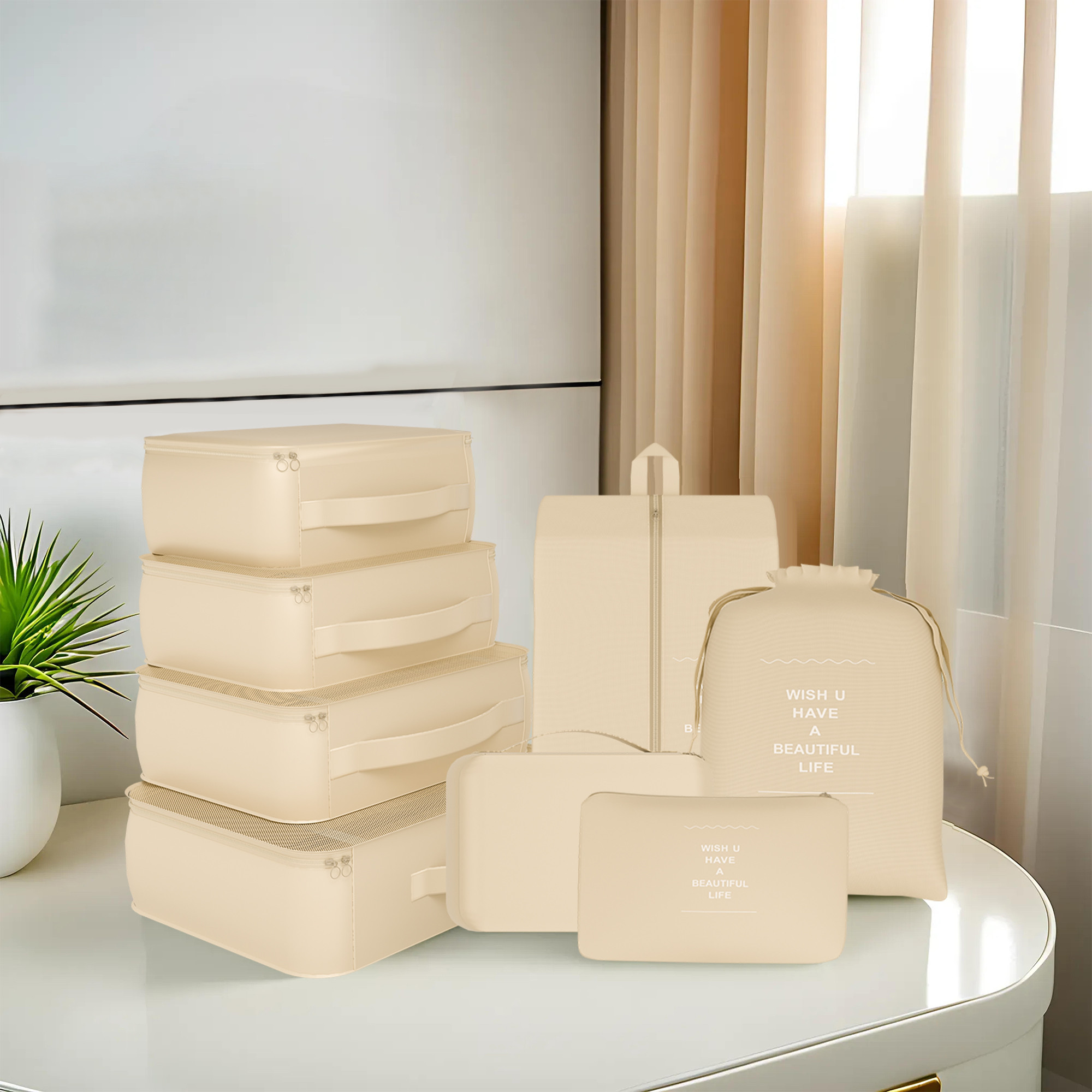 Kuber Industries 7 Pcs Foldable Travel Pouches for Women  Men with Zip  Multi-Size Luggage Organiser Bags for Travel  Packing Cube Ideal for Clothes Shoes  Toiletries  YJ-36-KH  Khaki