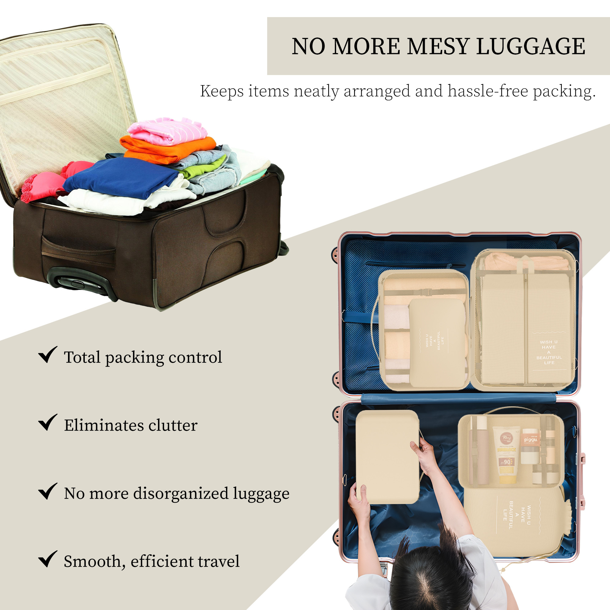 Kuber Industries 7 Pcs Foldable Travel Pouches for Women  Men with Zip  Multi-Size Luggage Organiser Bags for Travel  Packing Cube Ideal for Clothes Shoes  Toiletries  YJ-36-KH  Khaki