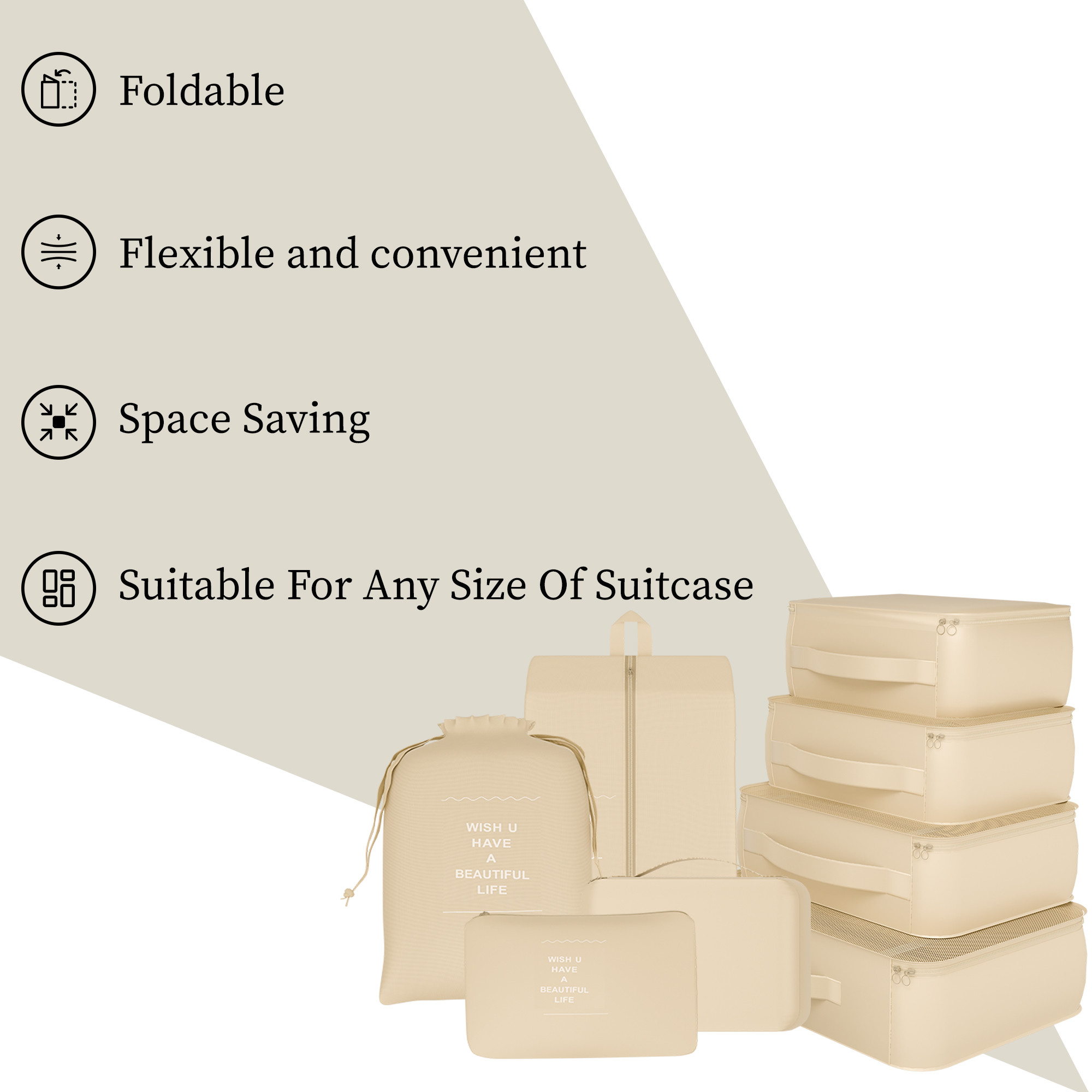 Kuber Industries 7 Pcs Foldable Travel Pouches for Women  Men with Zip  Multi-Size Luggage Organiser Bags for Travel  Packing Cube Ideal for Clothes Shoes  Toiletries  YJ-36-KH  Khaki