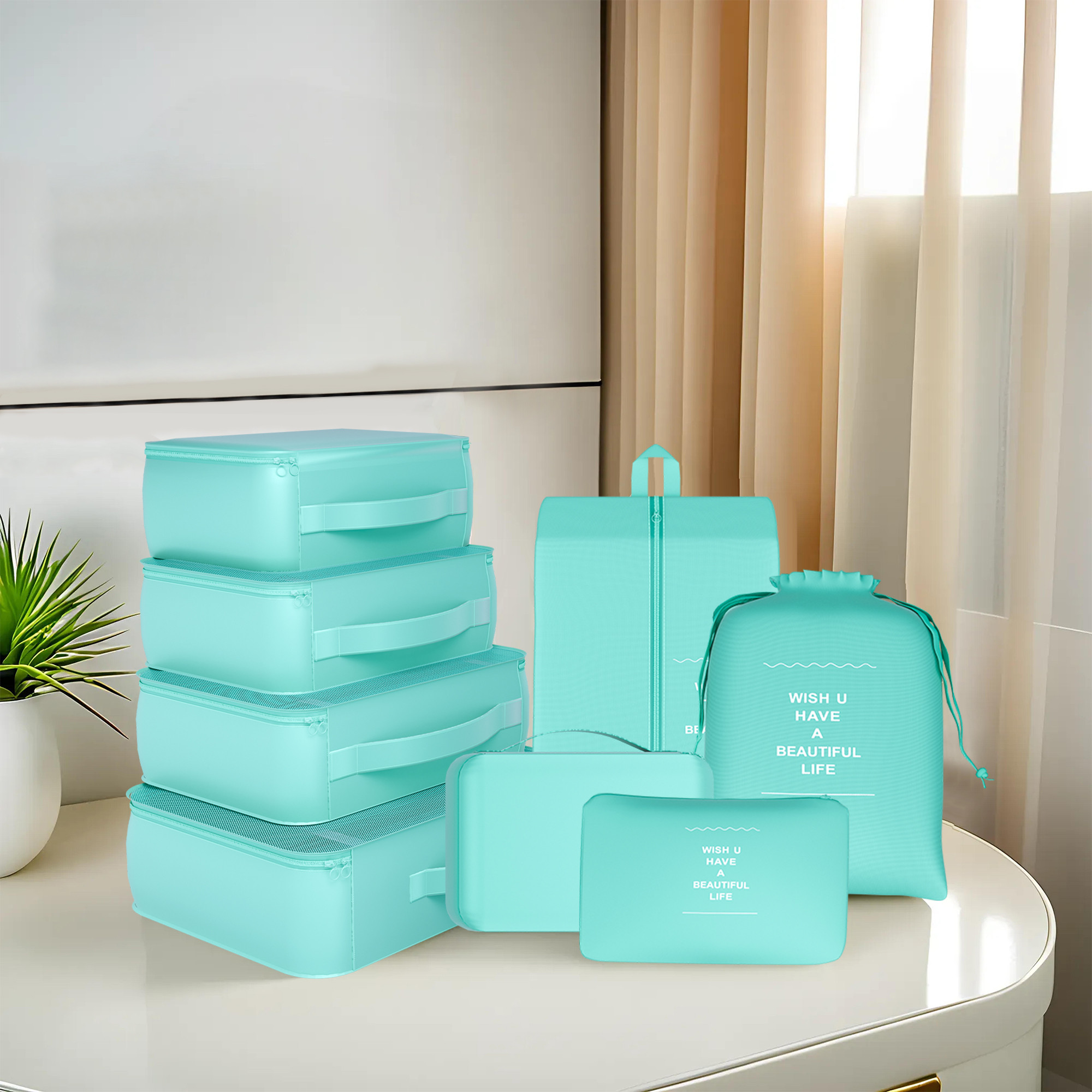 Kuber Industries 7 Pcs Foldable Travel Pouches for Women  Men with Zip  Multi-Size Luggage Organiser Bags for Travel  Packing Cube Ideal for Clothes Shoes Toiletries  YJ-36-BLU  Azure Blue