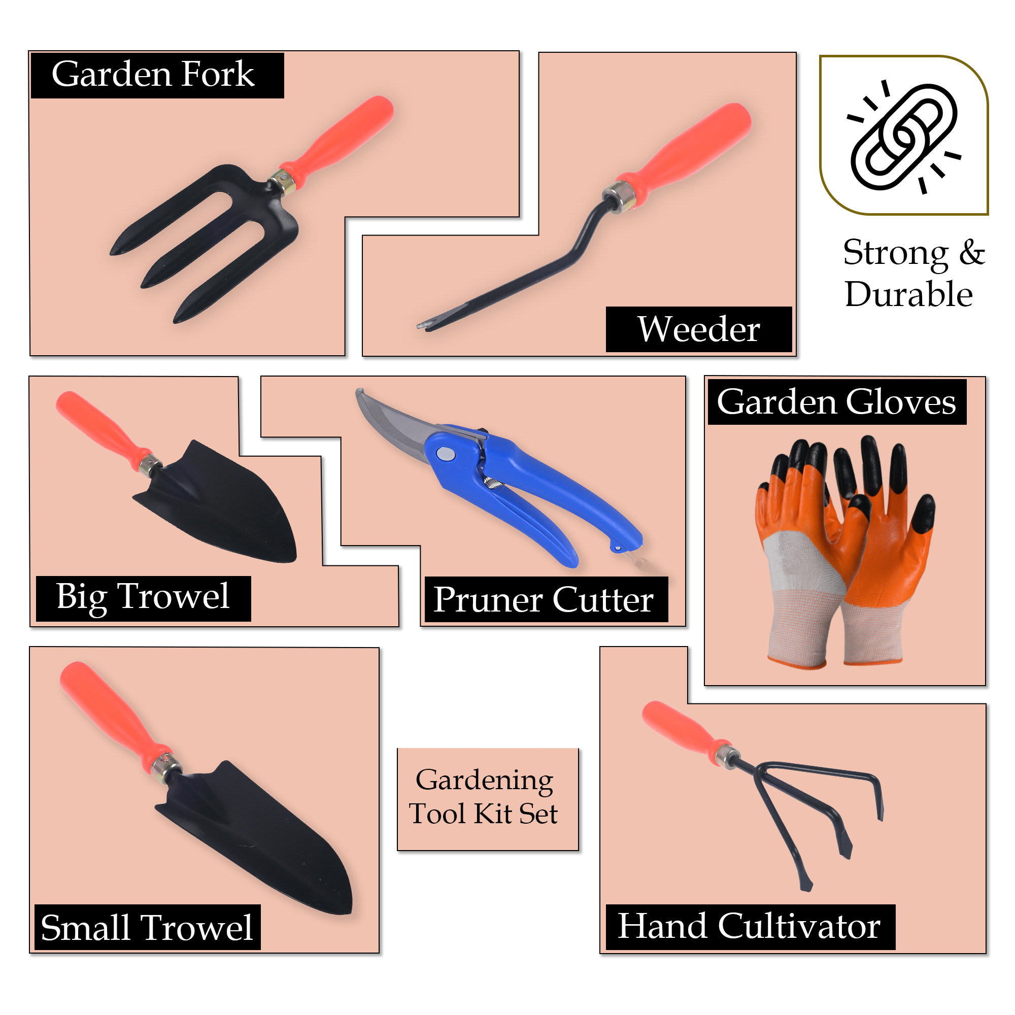 Kuber Industries 7 Pcs Metal Gardening Tools Kit for Home Garden  Pruner Cutter Garden Gloves Cultivator Fork Shovel Trowel Weeder Plant Tools  Terrace Gardening Accessories Set  Orange