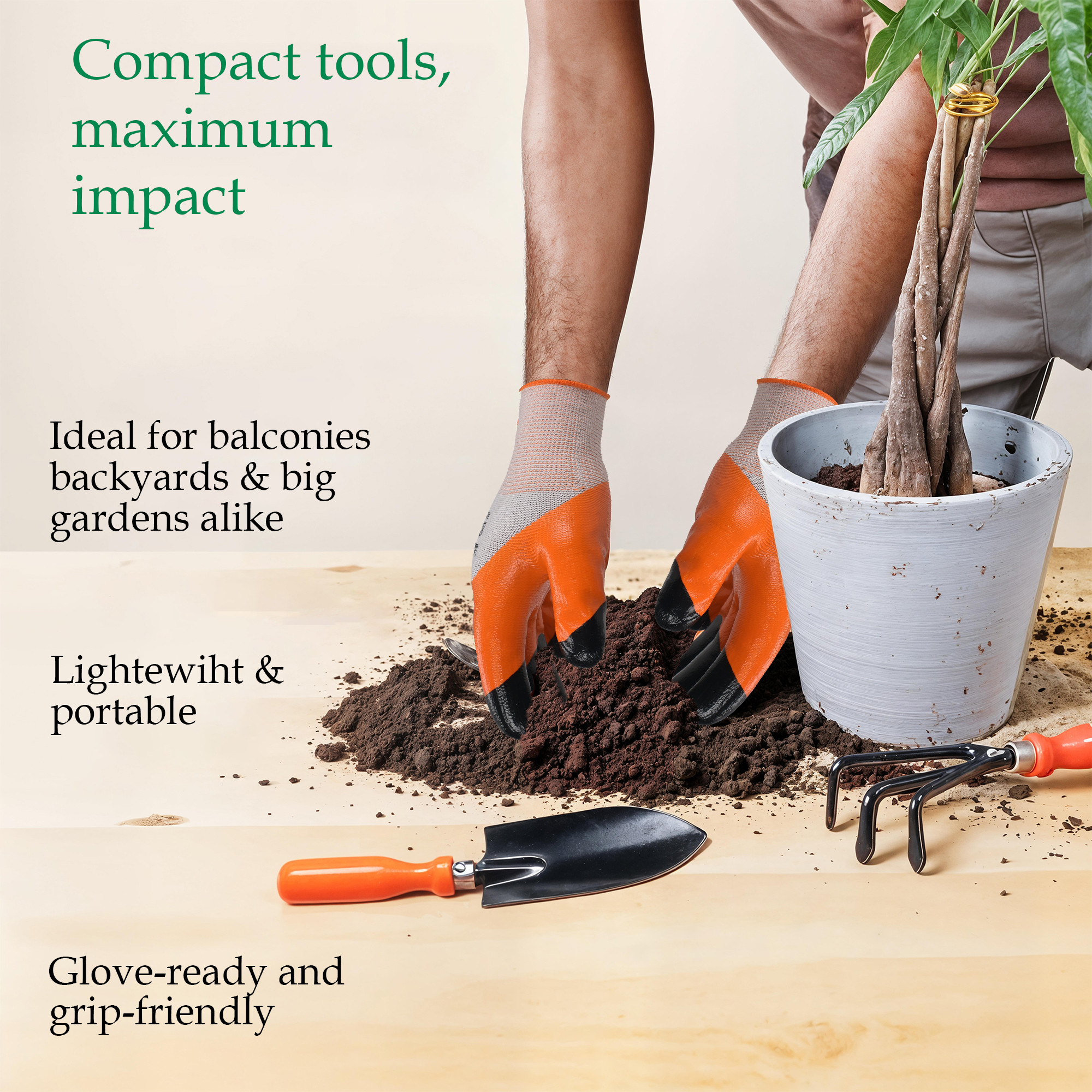 Kuber Industries 7 Pcs Metal Gardening Tools Kit for Home Garden  Pruner Cutter Garden Gloves Cultivator Fork Shovel Trowel Weeder Plant Tools  Terrace Gardening Accessories Set  Orange