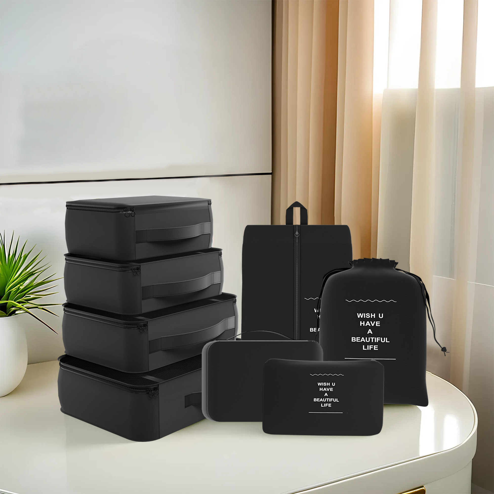 Kuber Industries 7 Pcs Set Foldable Travel Pouches for Women  Men with Zip  Multi-Size Luggage Organiser Bags for Travel  Packing Cube Ideal for Clothes Shoes  Toiletries  YJ-36-BLK  Black