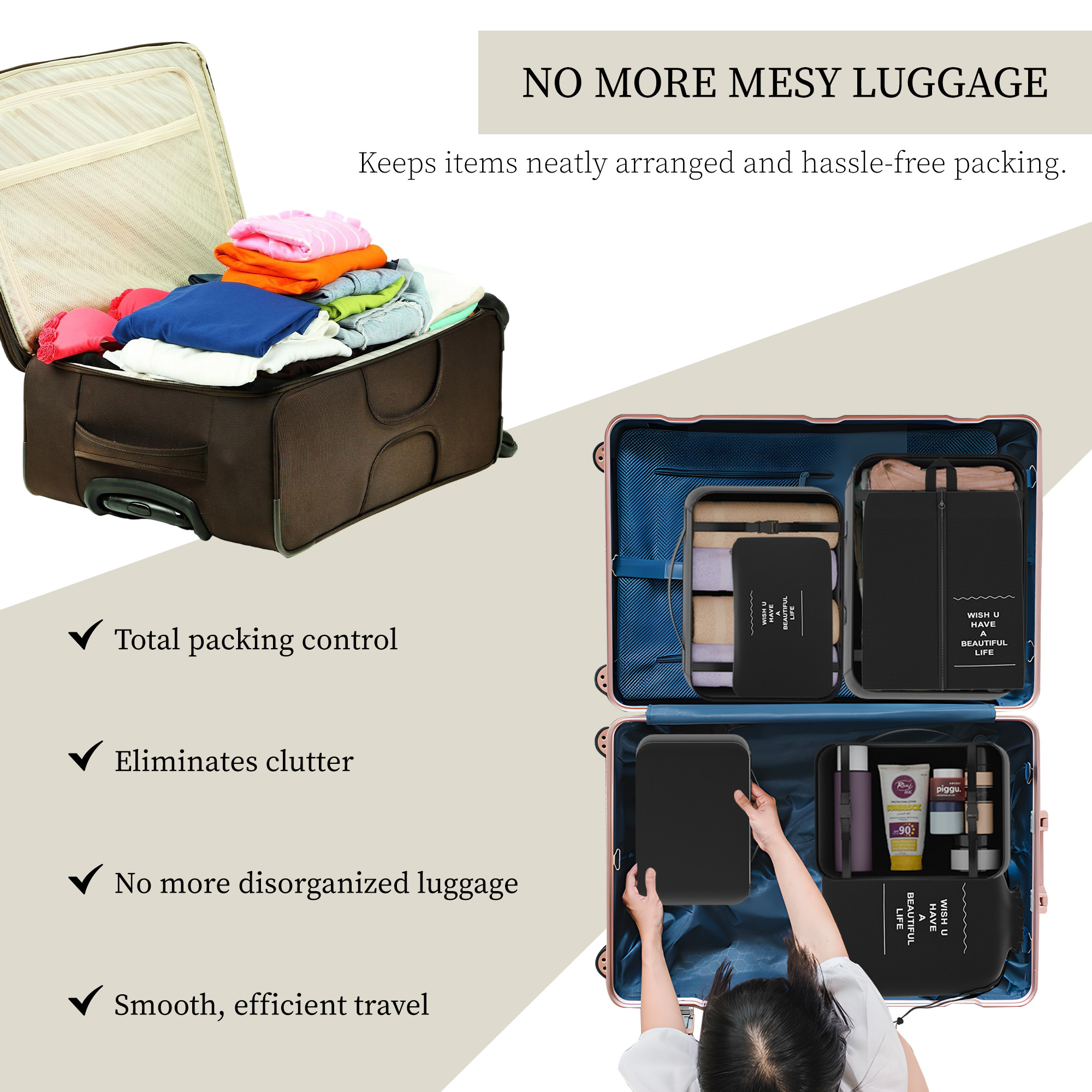 Kuber Industries 7 Pcs Set Foldable Travel Pouches for Women  Men with Zip  Multi-Size Luggage Organiser Bags for Travel  Packing Cube Ideal for Clothes Shoes  Toiletries  YJ-36-BLK  Black