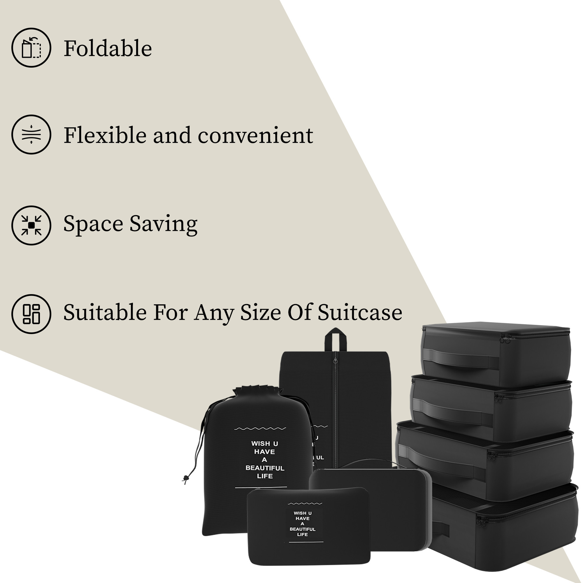 Kuber Industries 7 Pcs Set Foldable Travel Pouches for Women  Men with Zip  Multi-Size Luggage Organiser Bags for Travel  Packing Cube Ideal for Clothes Shoes  Toiletries  YJ-36-BLK  Black