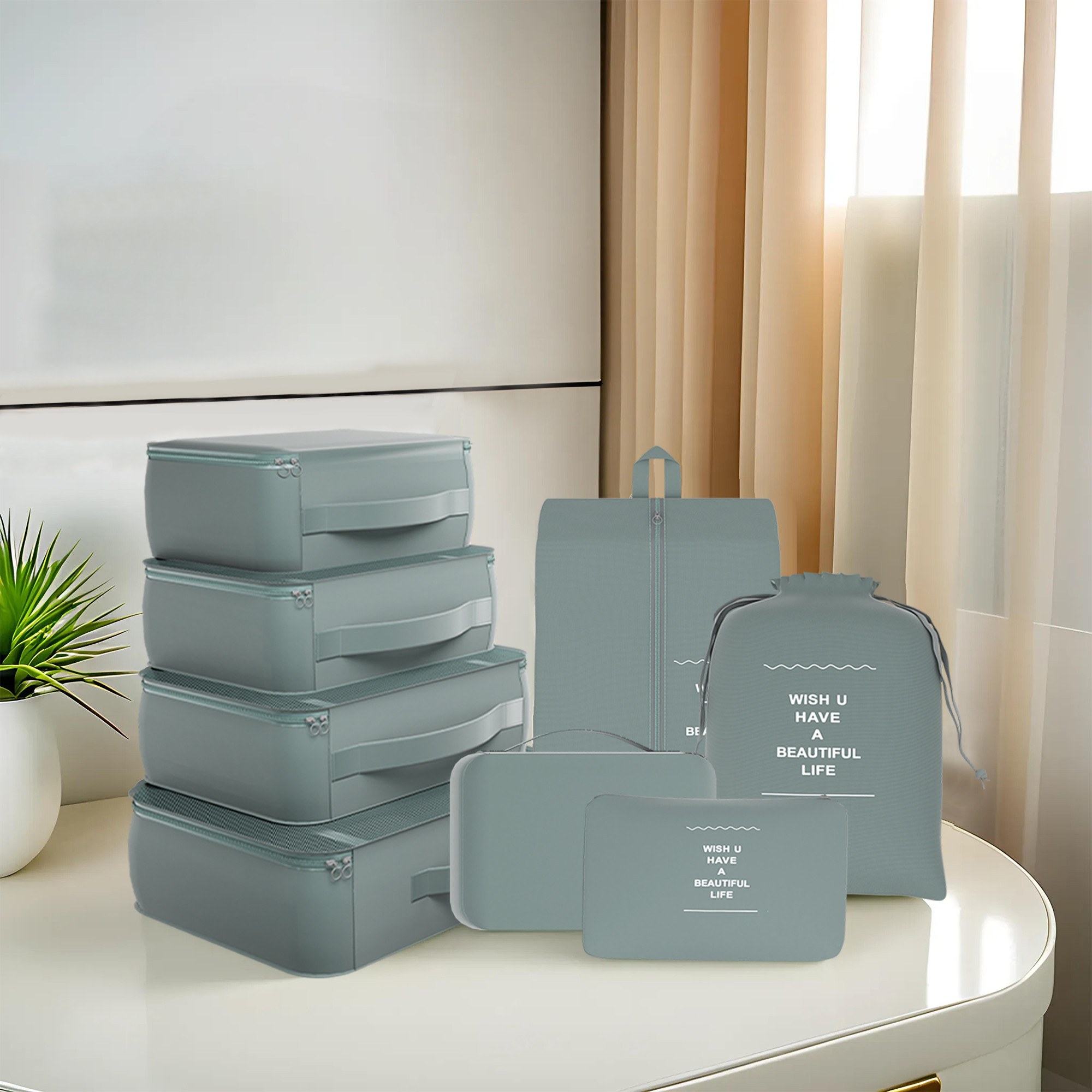 Kuber Industries 7 Pcs Set Foldable Travel Pouches for Women  Men with Zip  Multi-Size Luggage Organiser Bags for Travel  Packing Cube Ideal for Clothes Shoes  Toiletries  YJ-36-GRY  Gray