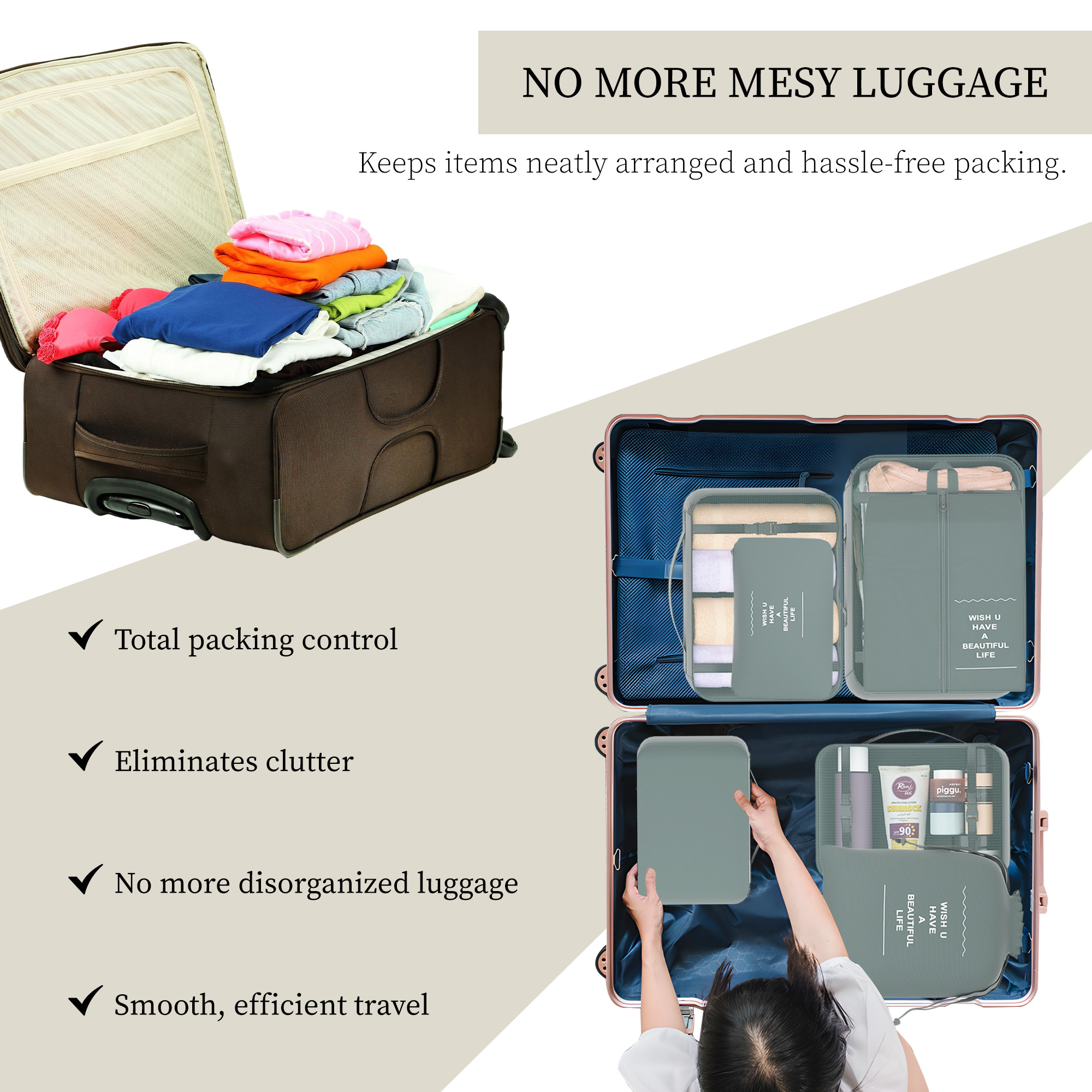 Kuber Industries 7 Pcs Set Foldable Travel Pouches for Women  Men with Zip  Multi-Size Luggage Organiser Bags for Travel  Packing Cube Ideal for Clothes Shoes  Toiletries  YJ-36-GRY  Gray