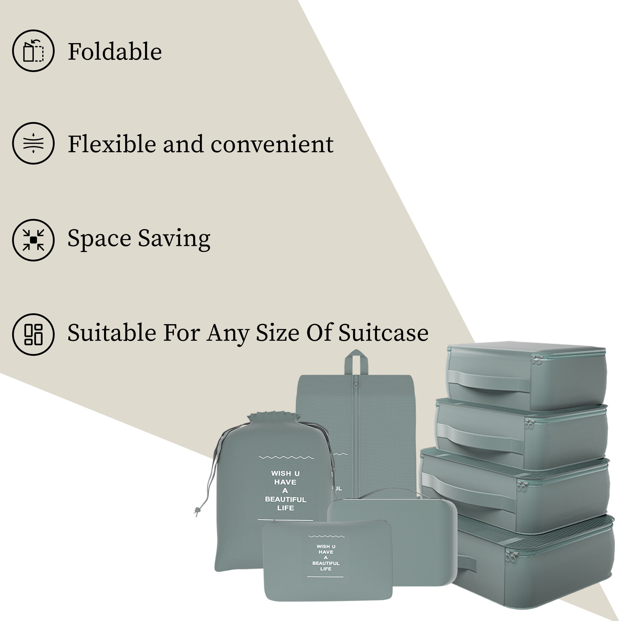 Kuber Industries 7 Pcs Set Foldable Travel Pouches for Women  Men with Zip  Multi-Size Luggage Organiser Bags for Travel  Packing Cube Ideal for Clothes Shoes  Toiletries  YJ-36-GRY  Gray