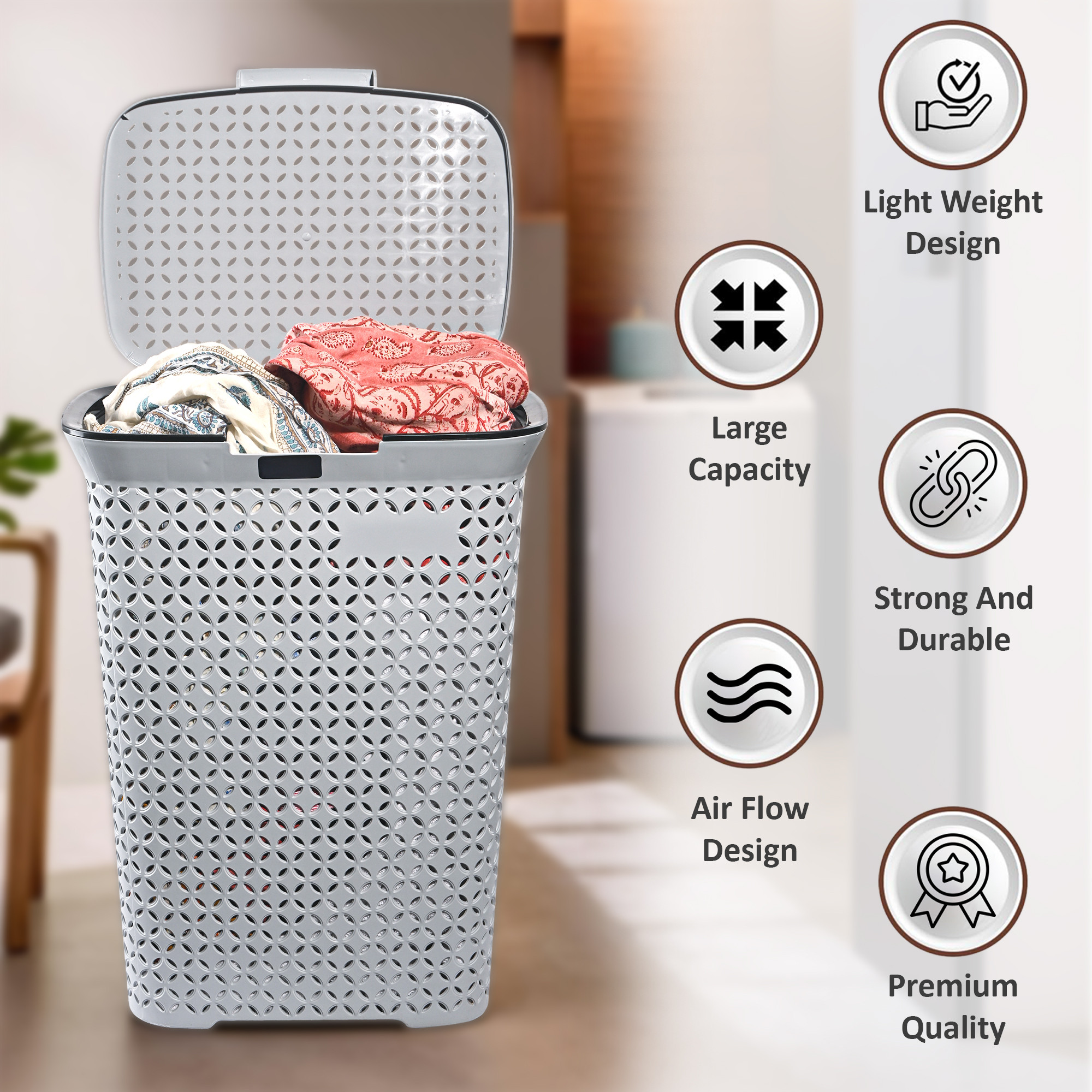 Kuber Industries 70 Ltrs Plastic Large Laundry Basket for Clothes with Lid  Multipurpose Storage Organiser for Home Bedroom and Bathroom  Grey