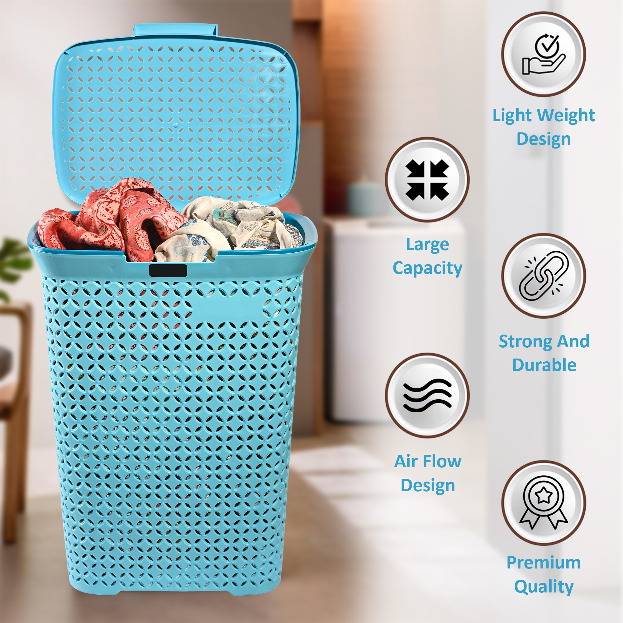 Kuber Industries 70 Ltrs Plastic Large Laundry Basket for Clothes with Lid  Multipurpose Storage Organiser for Home Bedroom and Bathroom  Aero Blue
