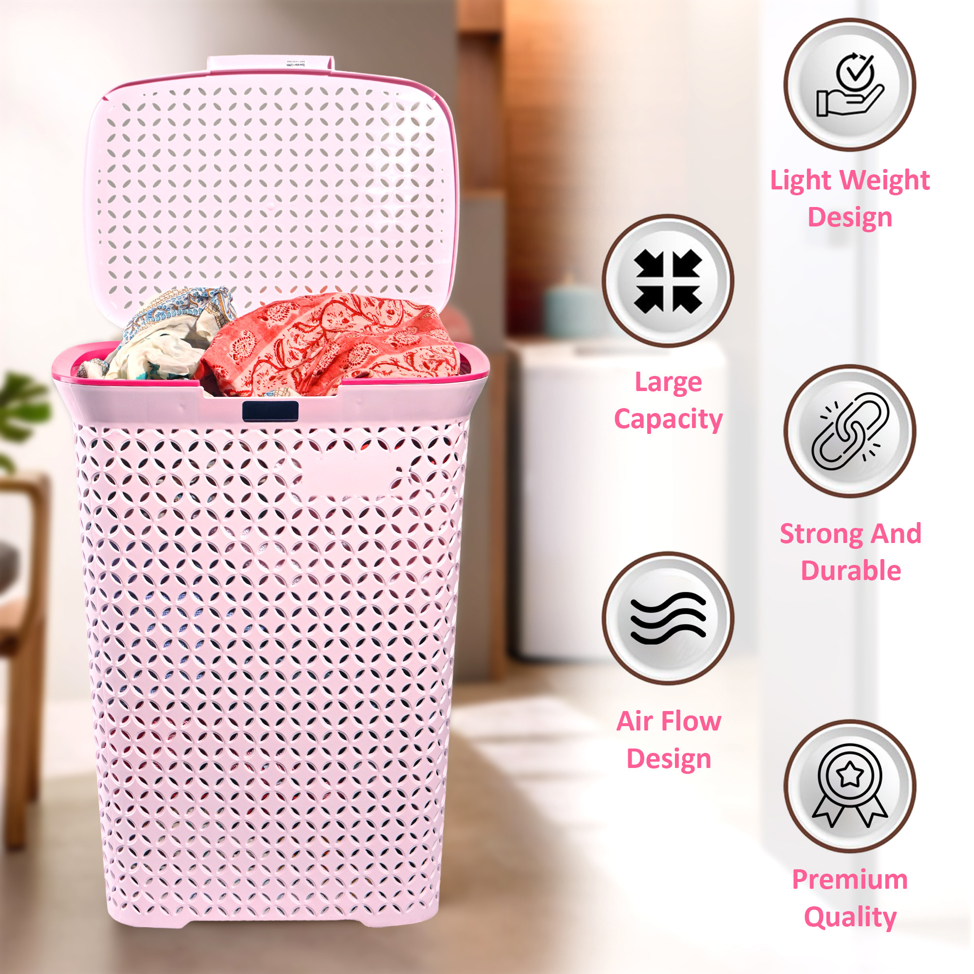 Kuber Industries 70 Ltrs Plastic Large Laundry Basket for Clothes with Lid  Multipurpose Storage Organiser for Home Bedroom and Bathroom  Pale Pink