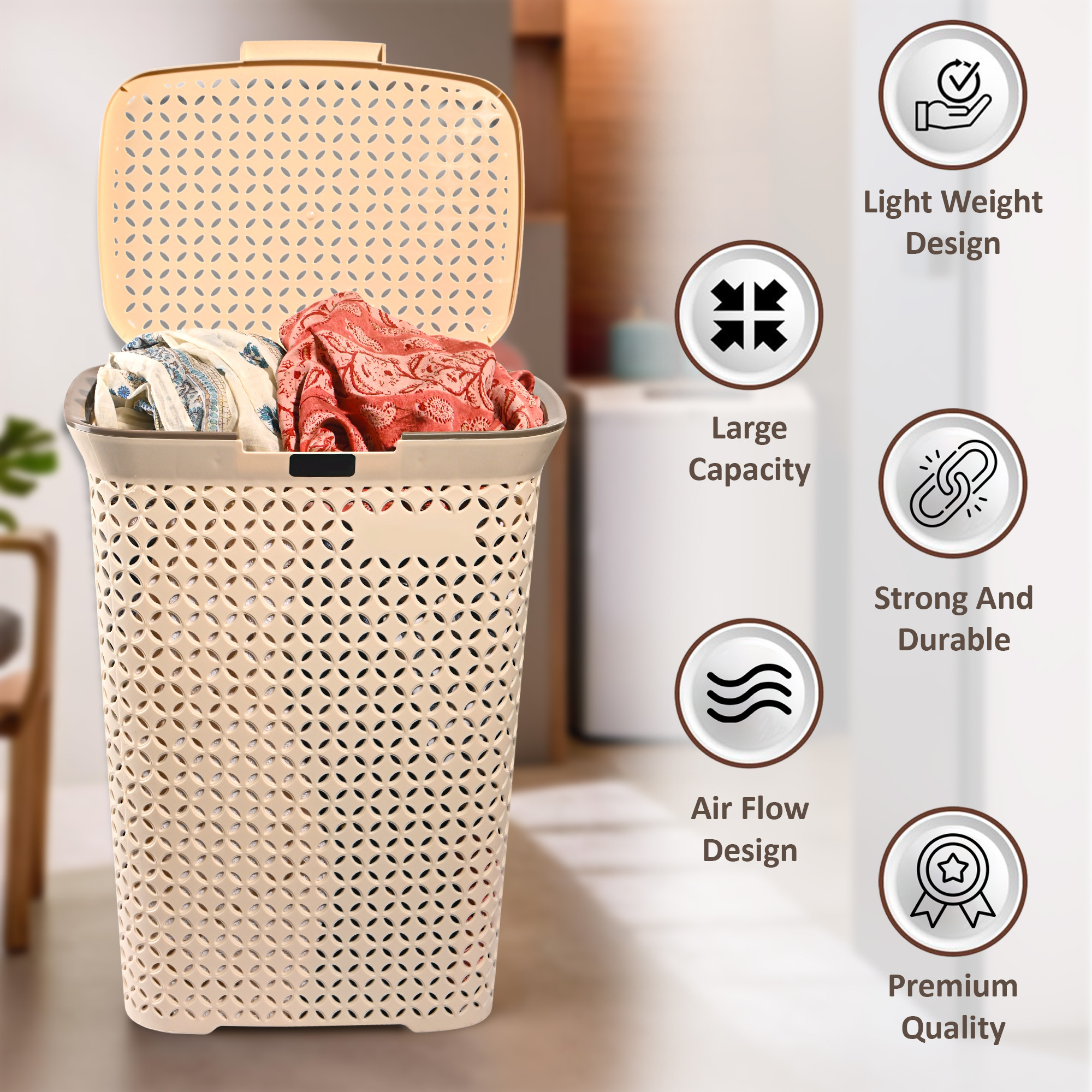 Kuber Industries 70 Ltrs Plastic Large Laundry Basket for Clothes with Lid  Multipurpose Storage Organiser for Home Bedroom and Bathroom  Ivory