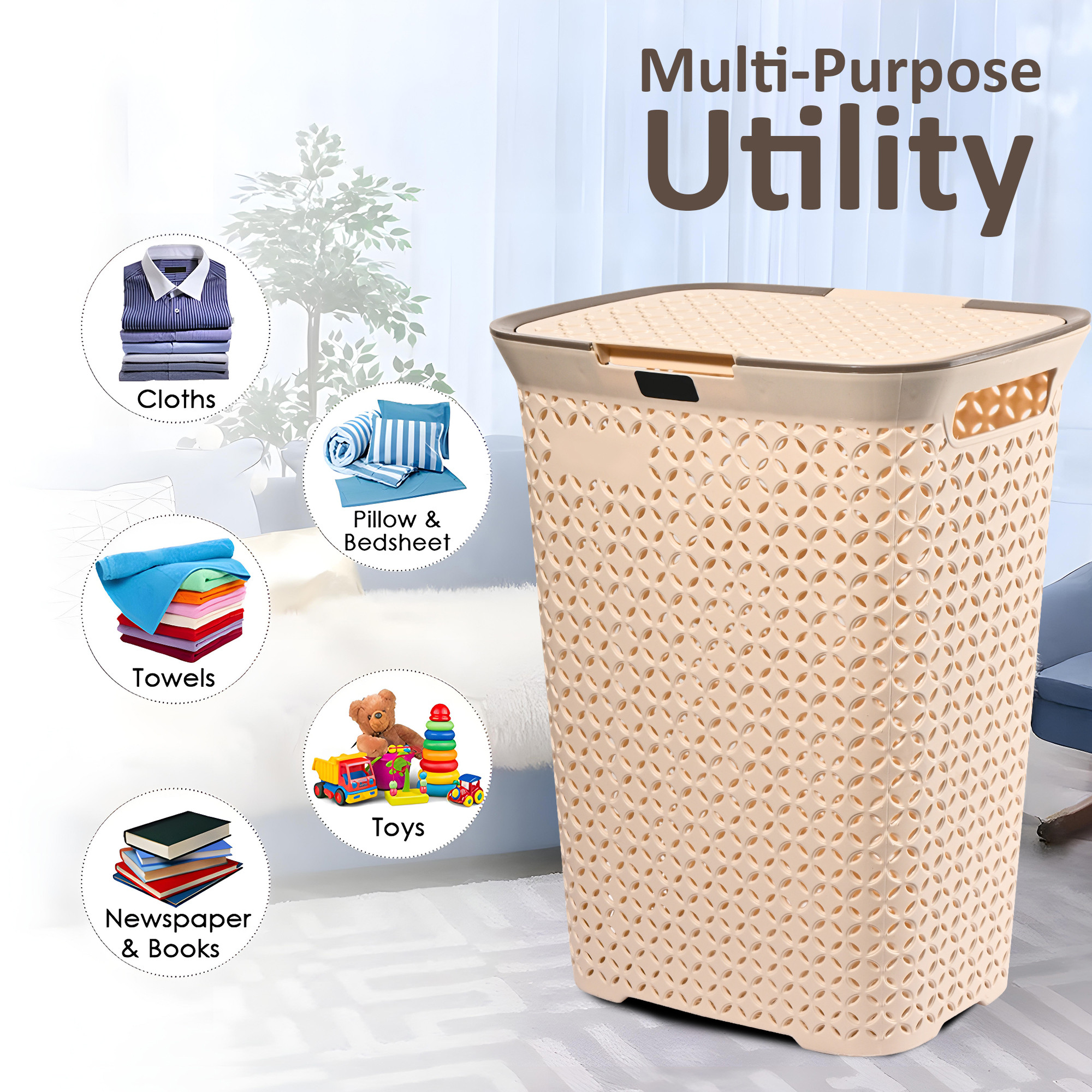 Kuber Industries 70 Ltrs Plastic Large Laundry Basket for Clothes with Lid  Multipurpose Storage Organiser for Home Bedroom and Bathroom  Ivory