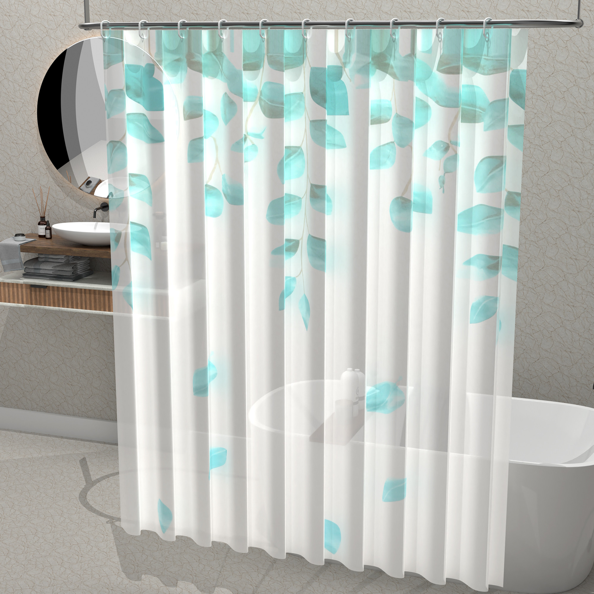 Kuber Industries 71x71 Inch Waterproof Shower Curtains For Bathroom with 12 Rings  Washroom Partition Screen  Wall Divider Parda For Bath  JY-4-2  Leaf Print - Green