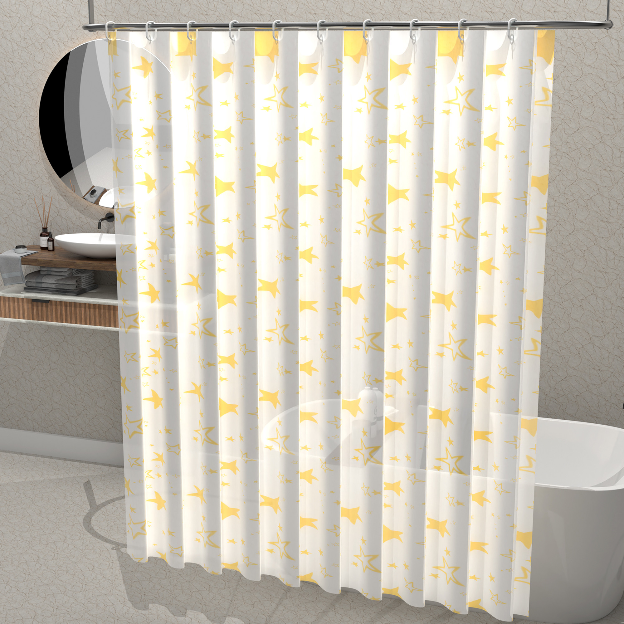 Kuber Industries 71x71 Inch Waterproof Shower Curtains For Bathroom with 12 Rings  Washroom Partition Screen  Wall Divider Parda For Bath  JY-1-2  Stars Print - White  Golden