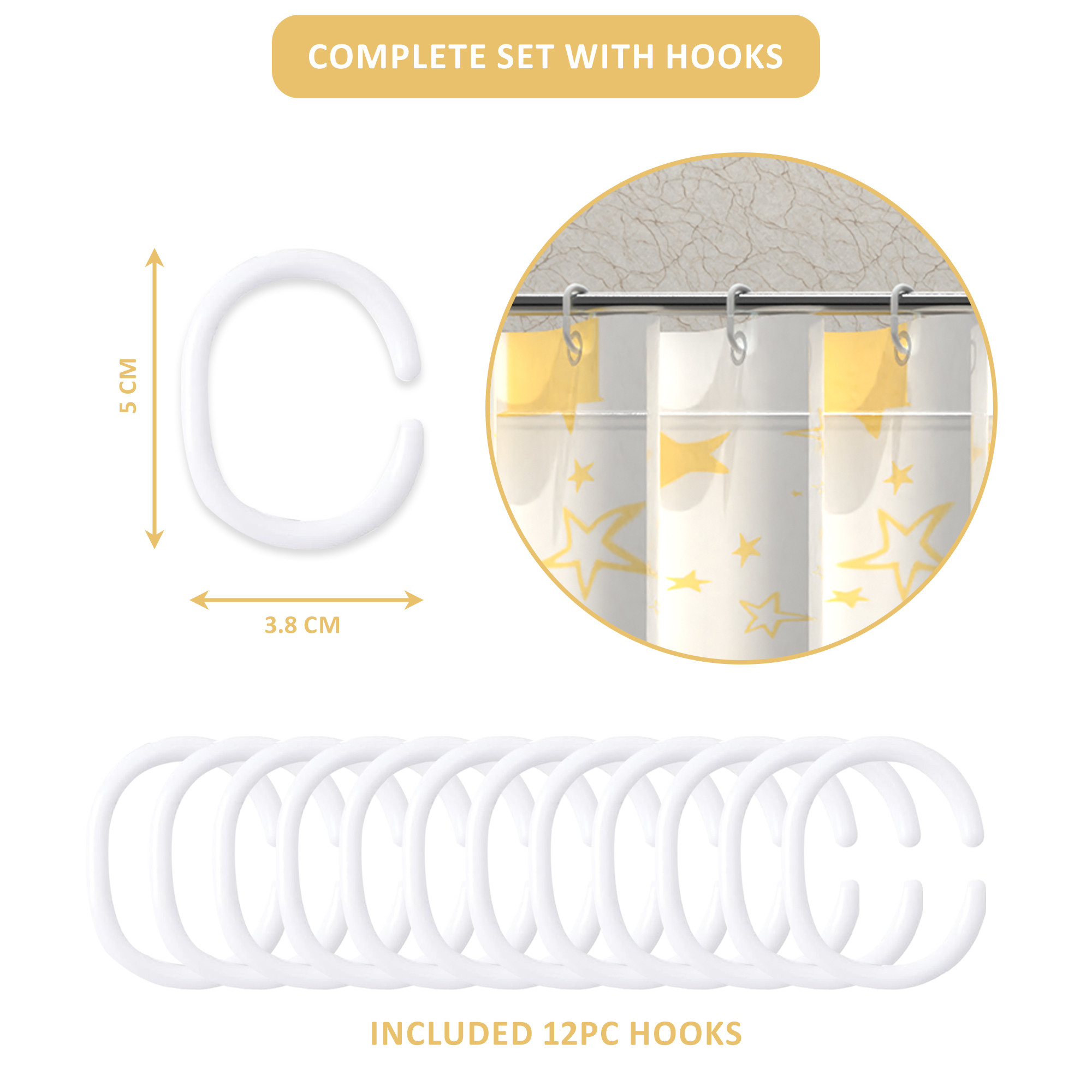 Kuber Industries 71x71 Inch Waterproof Shower Curtains For Bathroom with 12 Rings  Washroom Partition Screen  Wall Divider Parda For Bath  JY-1-2  Stars Print - White  Golden