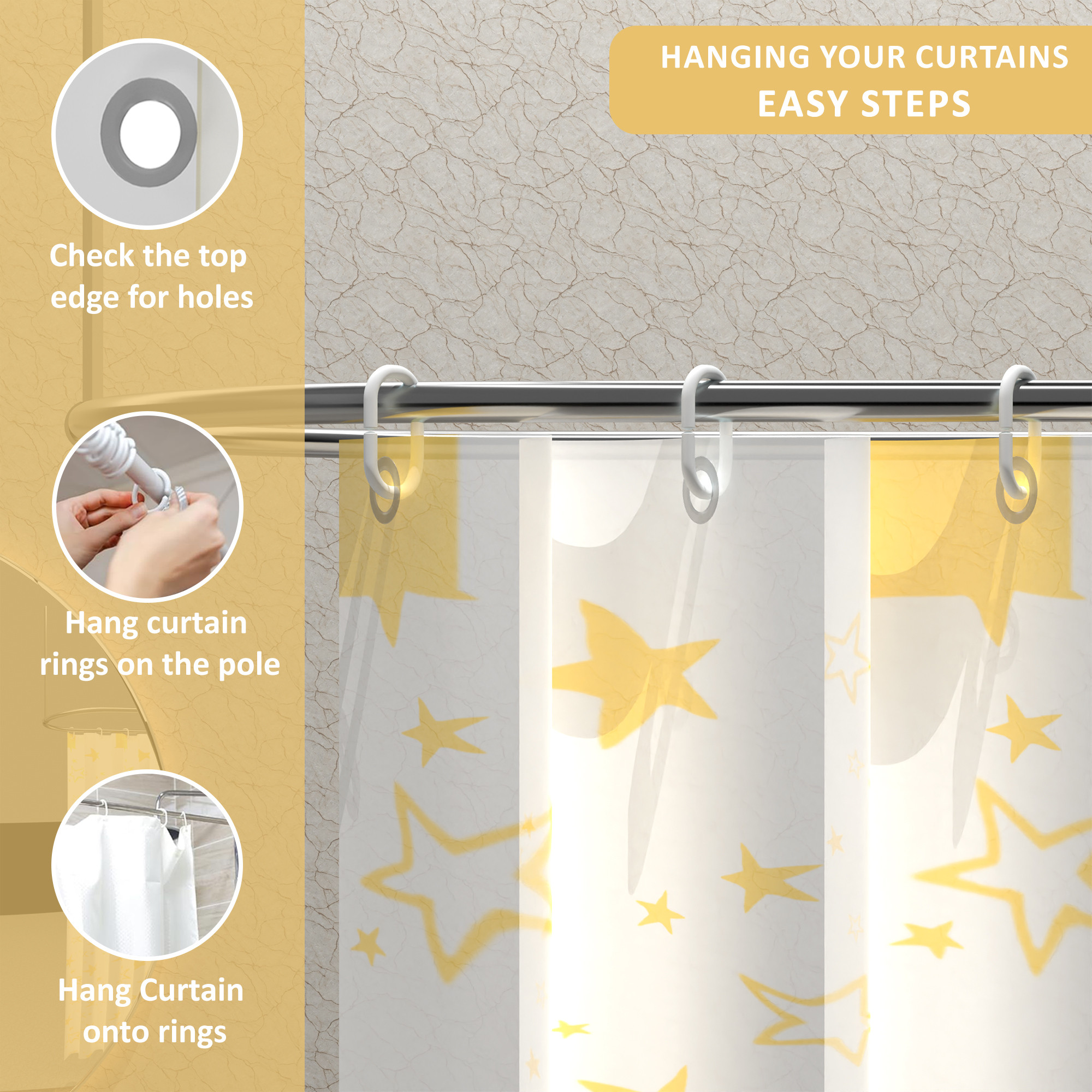 Kuber Industries 71x71 Inch Waterproof Shower Curtains For Bathroom with 12 Rings  Washroom Partition Screen  Wall Divider Parda For Bath  JY-1-2  Stars Print - White  Golden