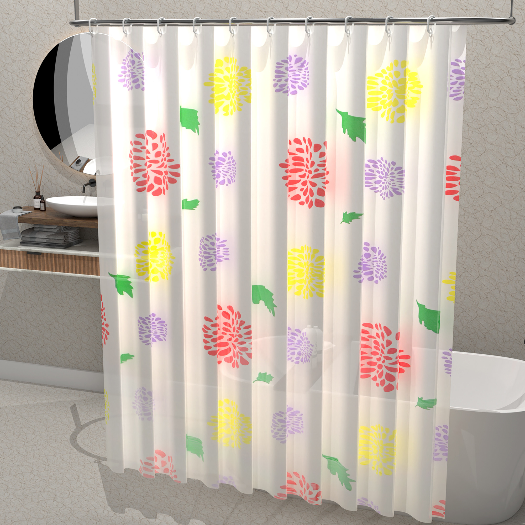 Kuber Industries 71x71 Inch Waterproof Shower Curtains For Bathroom with 12 Rings  Washroom Partition Screen  Wall Divider Parda For Bath  JY-2-3  Multi Firework Print - White