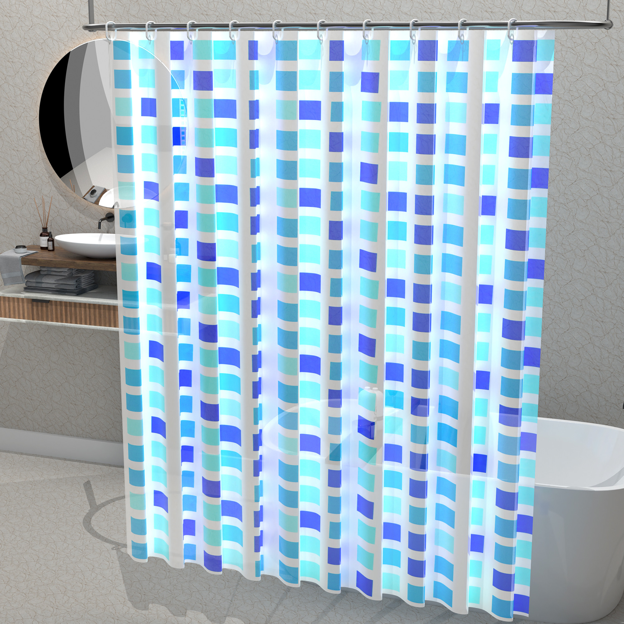 Kuber Industries 71x71 Inch Waterproof Shower Curtains For Bathroom with 12 Rings  Washroom Partition Screen  Wall Divider Parda For Bath  JY-2-2  Block Print - Blue
