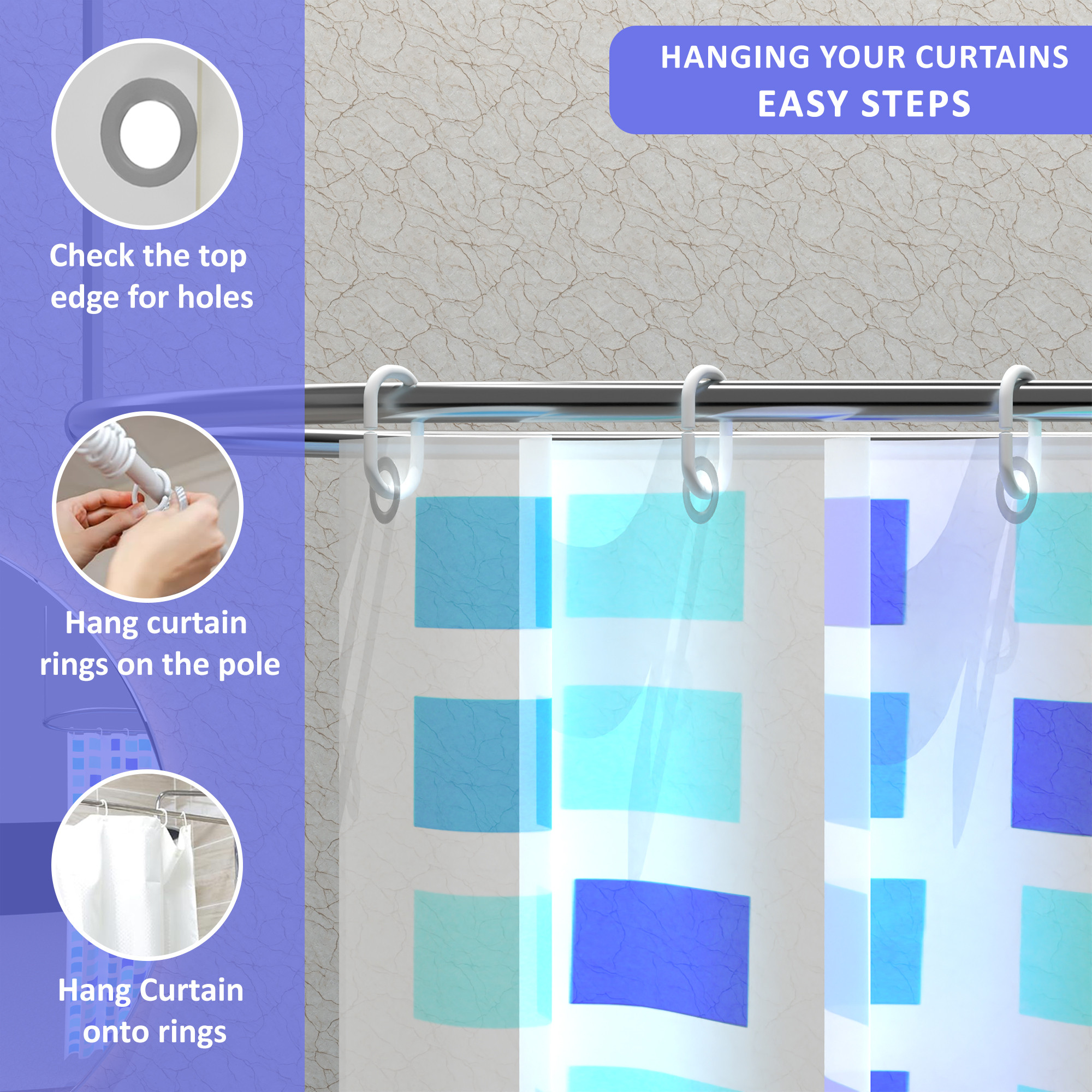 Kuber Industries 71x71 Inch Waterproof Shower Curtains For Bathroom with 12 Rings  Washroom Partition Screen  Wall Divider Parda For Bath  JY-2-2  Block Print - Blue