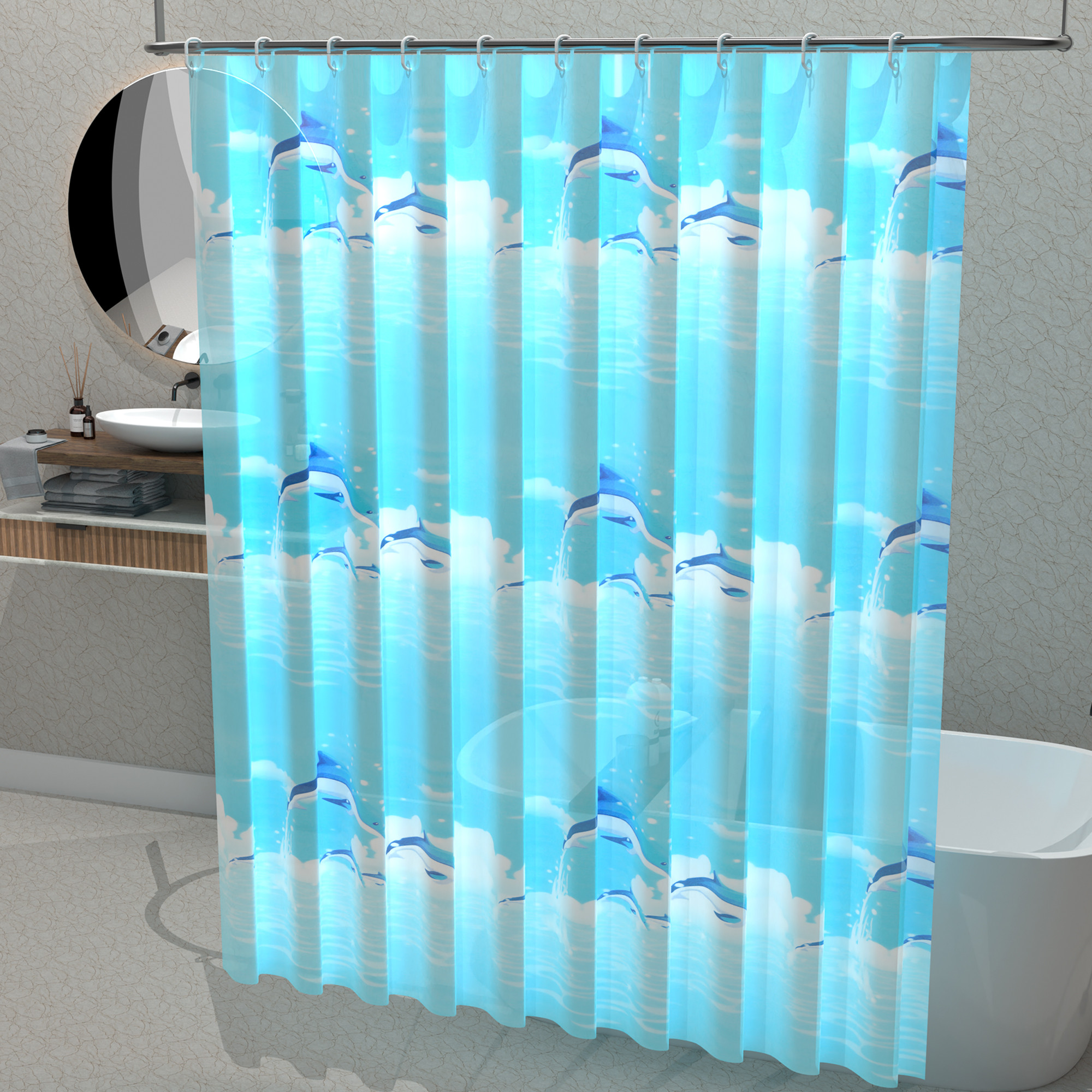 Kuber Industries 71x71 Inch Waterproof Shower Curtains For Bathroom with 12 Rings  Washroom Partition Screen  Wall Divider Parda For Bath  JY-6  Shark Print- Blue