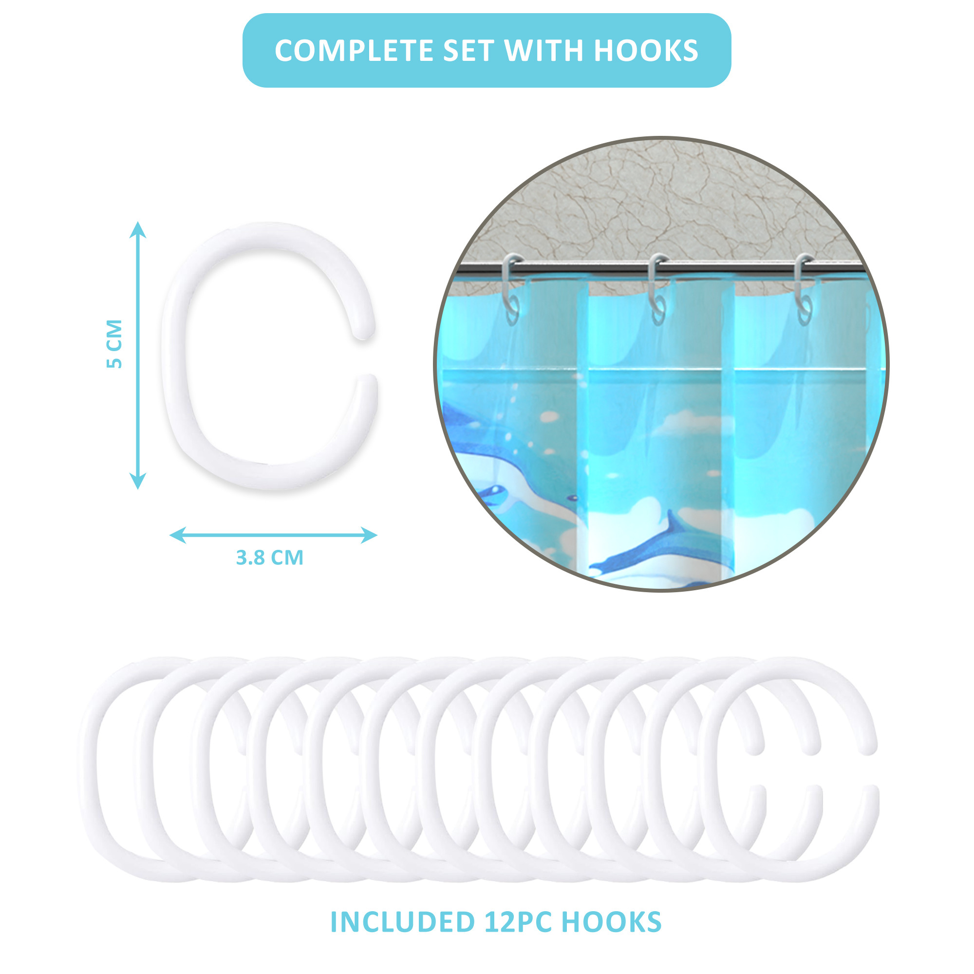 Kuber Industries 71x71 Inch Waterproof Shower Curtains For Bathroom with 12 Rings  Washroom Partition Screen  Wall Divider Parda For Bath  JY-6  Shark Print- Blue