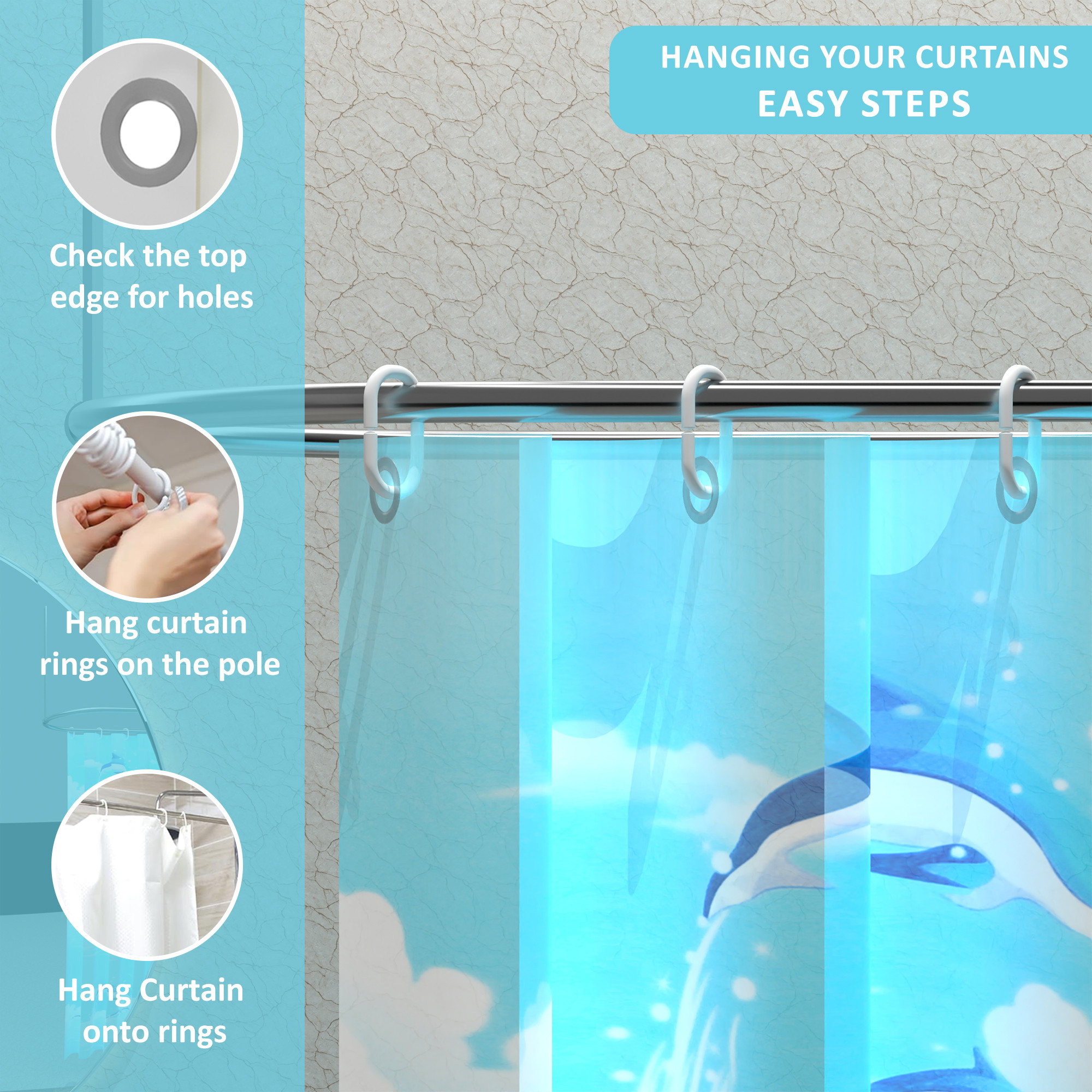 Kuber Industries 71x71 Inch Waterproof Shower Curtains For Bathroom with 12 Rings  Washroom Partition Screen  Wall Divider Parda For Bath  JY-6  Shark Print- Blue