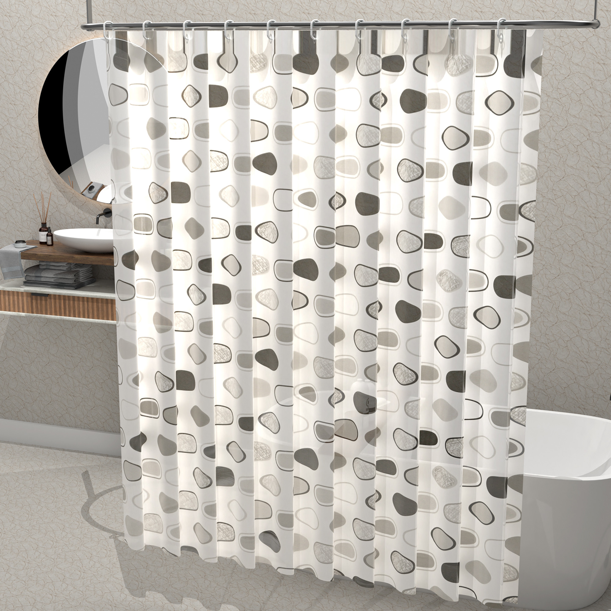 Kuber Industries 71x71 Inch Waterproof Shower Curtains For Bathroom with 12 Rings  Washroom Partition Screen  Wall Divider Parda For Bath  JY-2-4  Circle Print - Grey