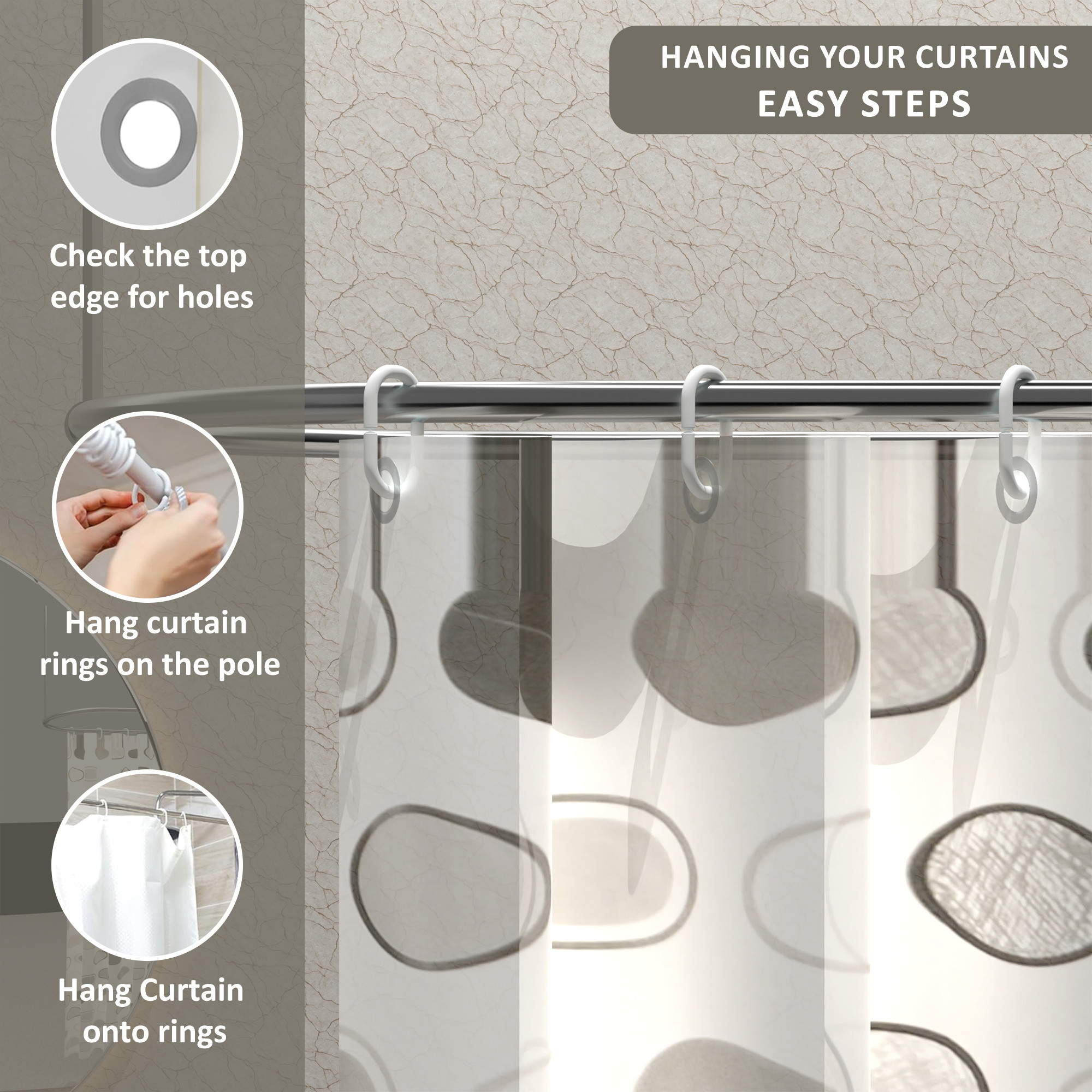 Kuber Industries 71x71 Inch Waterproof Shower Curtains For Bathroom with 12 Rings  Washroom Partition Screen  Wall Divider Parda For Bath  JY-2-4  Circle Print - Grey