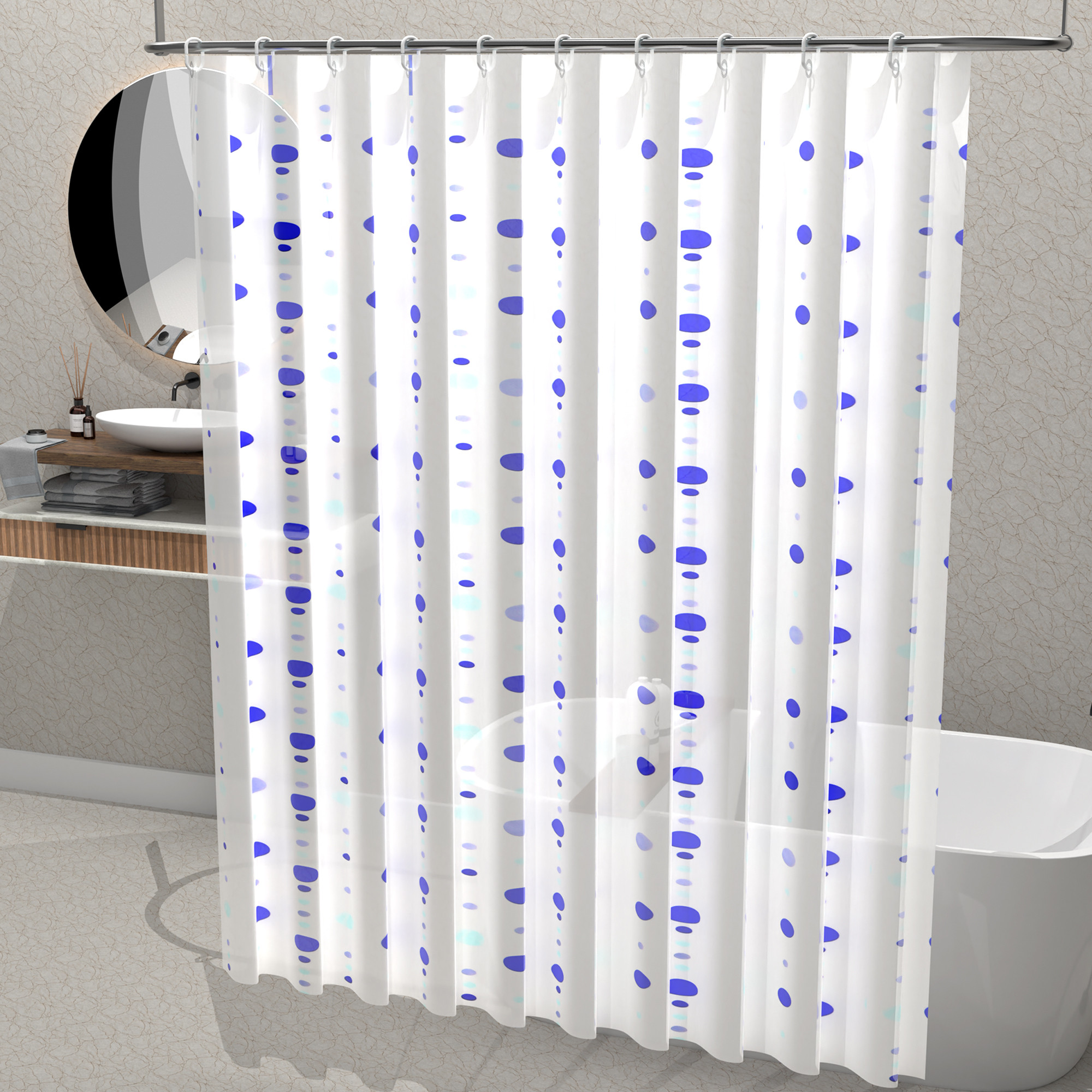 Kuber Industries 71x71 Inch Waterproof Shower Curtains For Bathroom with 12 Rings  Washroom Partition Screen  Wall Divider Parda For Bath  JY-1-3  Dots Print - White  Blue