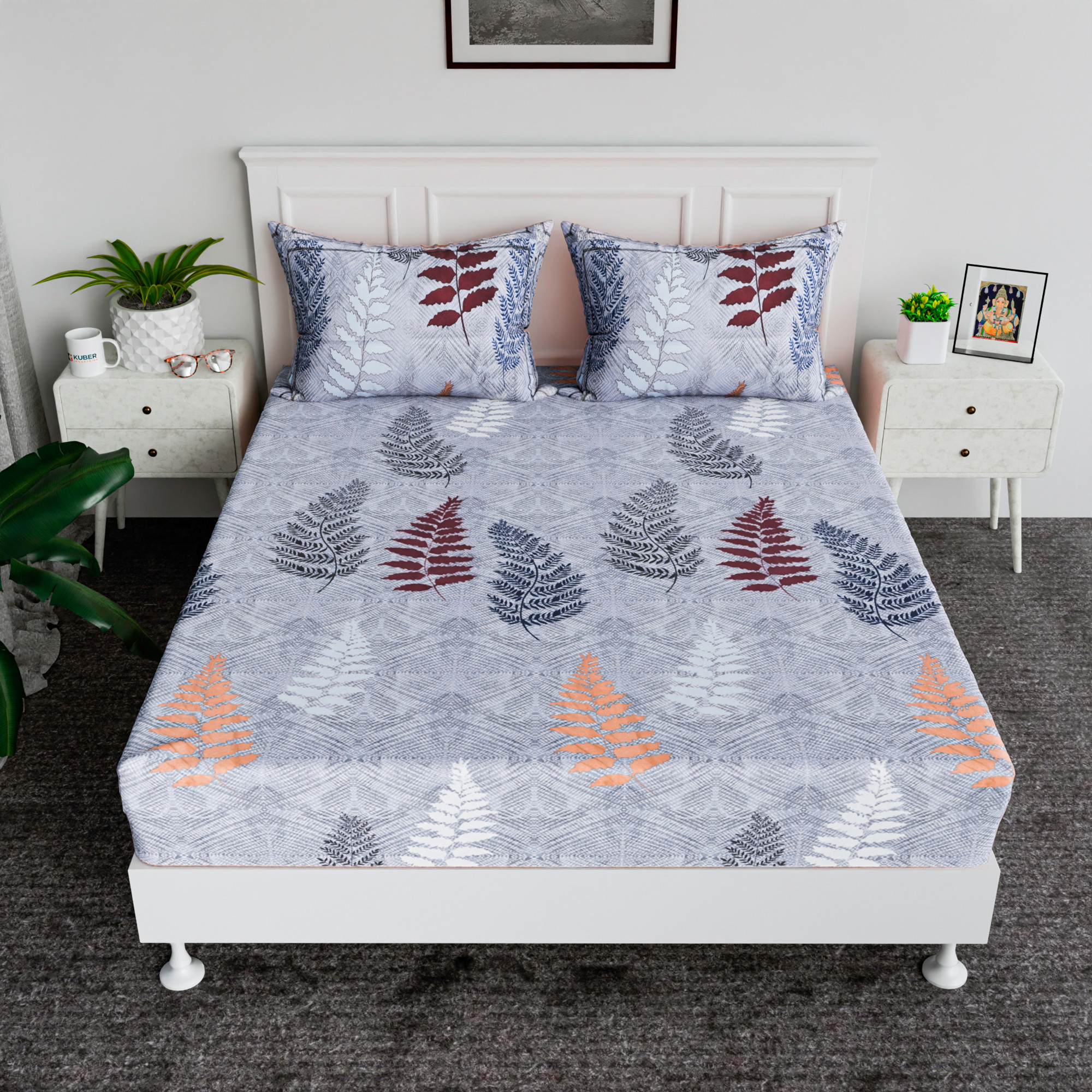 Kuber Industries 72x78 Inch Cotton Elastic Bedsheets for Double Bed with 2 Pillow Covers  Easy to Maintain Fitted Double Bedsheet Cotton for Daily Use  Leaf Design -Grey