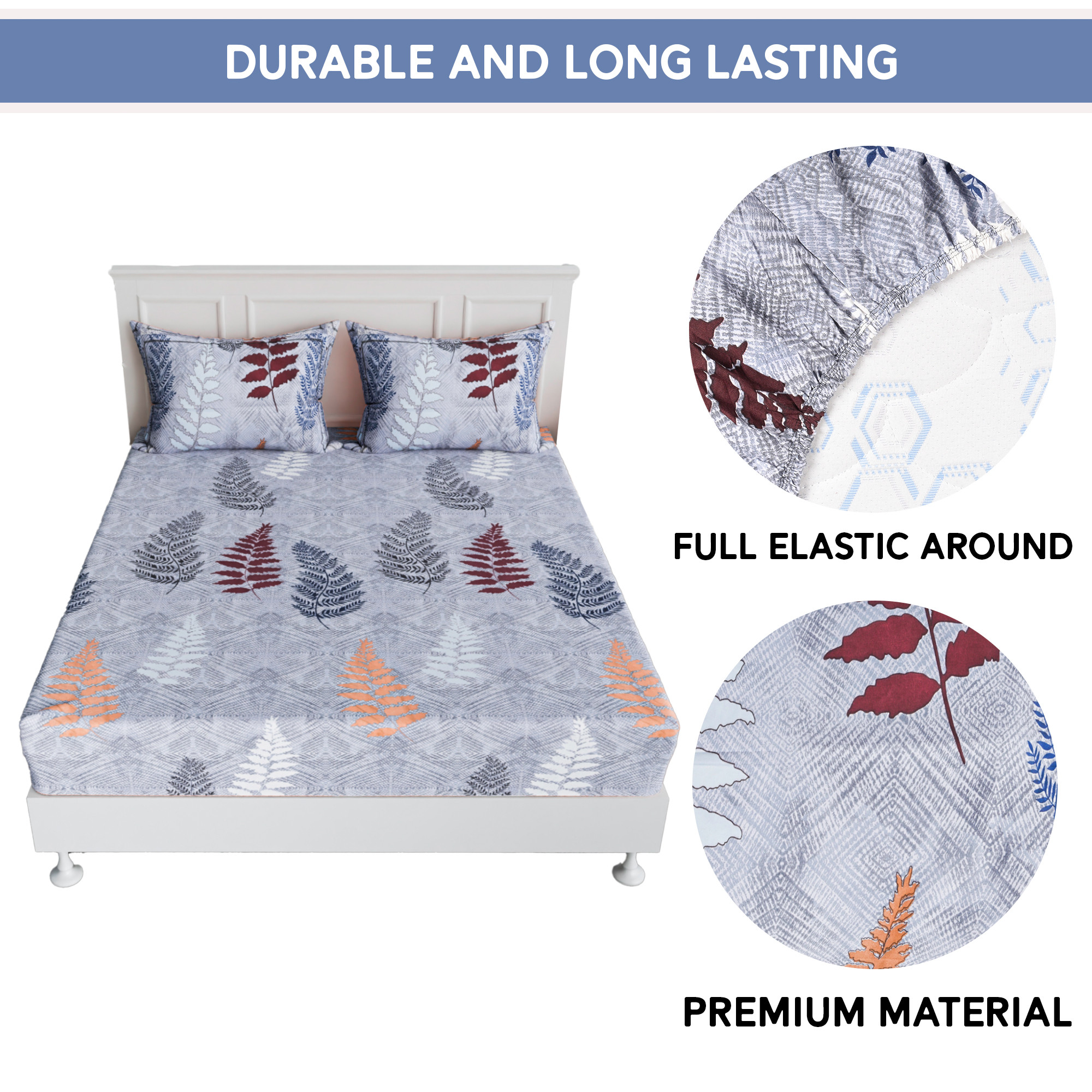Kuber Industries 72x78 Inch Cotton Elastic Bedsheets for Double Bed with 2 Pillow Covers  Easy to Maintain Fitted Double Bedsheet Cotton for Daily Use  Leaf Design -Grey